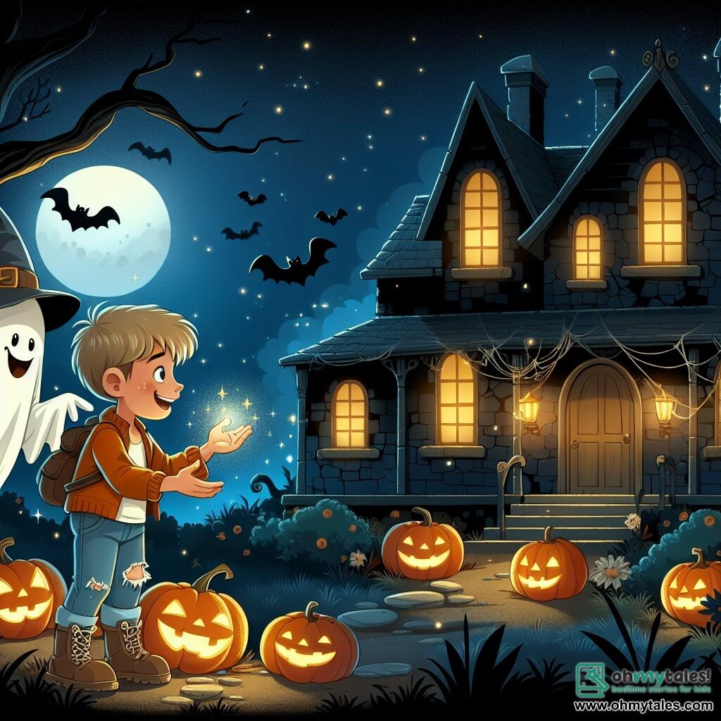 Une illustration destinée aux enfants représentant un garçon aventurier se retrouvant nez à nez avec un fantôme amical dans une maison hantée aux murs craquelés, éclairée par la lueur des citrouilles illuminées, lors d'une soirée d'Halloween magique.