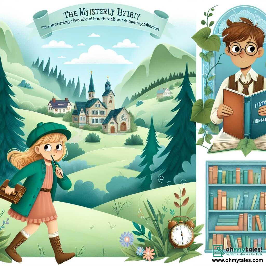 Une illustration destinée aux enfants représentant une fillette curieuse et courageuse, se lançant dans une enquête mystérieuse avec l'aide d'une bibliothécaire timide, dans la charmante ville de Willowbrook, entourée de collines verdoyantes et de forêts chuchotantes.