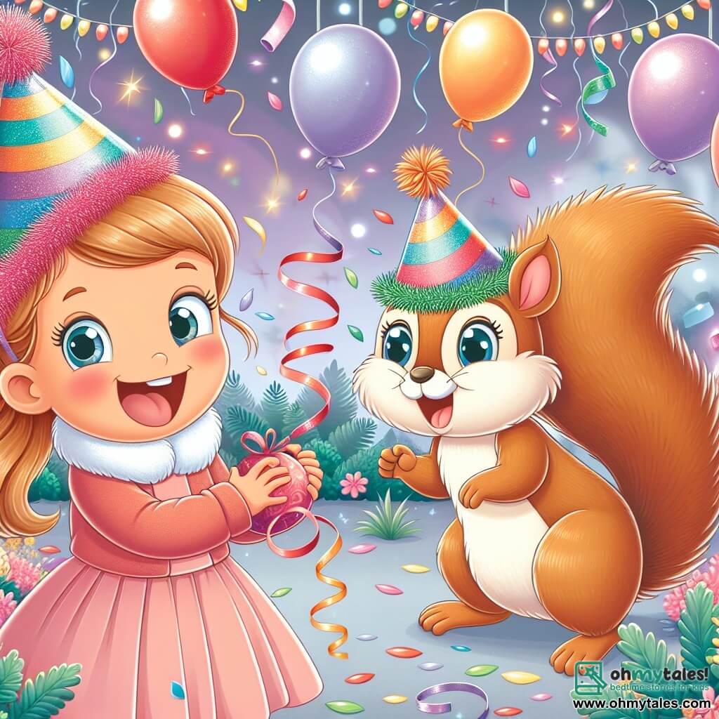 Une illustration destinée aux enfants représentant une fillette excitée par la fête du Nouvel An, découvrant un écureuil en chapeau de fête dans un jardin magiquement décoré de ballons colorés, de guirlandes scintillantes et de confettis étincelants.