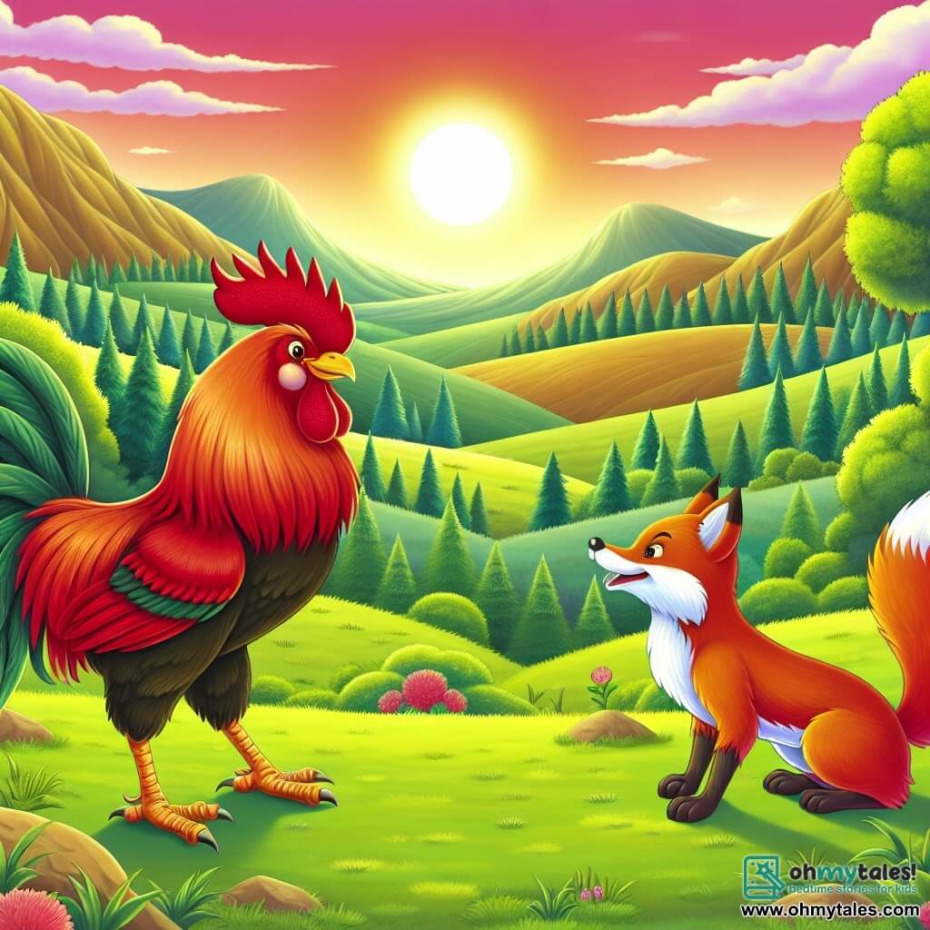 Une illustration destinée aux enfants représentant un fier coq au plumage rouge vif, défiant un rusé renard dans une clairière verdoyante entourée de collines et de prairies luxuriantes, sous un ciel rose et doré au lever du soleil.