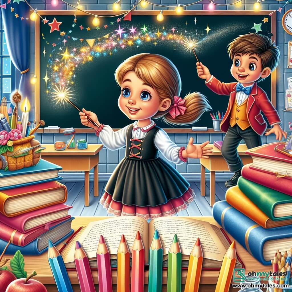 Une illustration destinée aux enfants représentant une fille curieuse découvrant un monde magique en explorant l'école avec l'aide d'un garçon espiègle, dans une salle de classe remplie de livres colorés, de tableaux joyeux et de crayons étincelants.