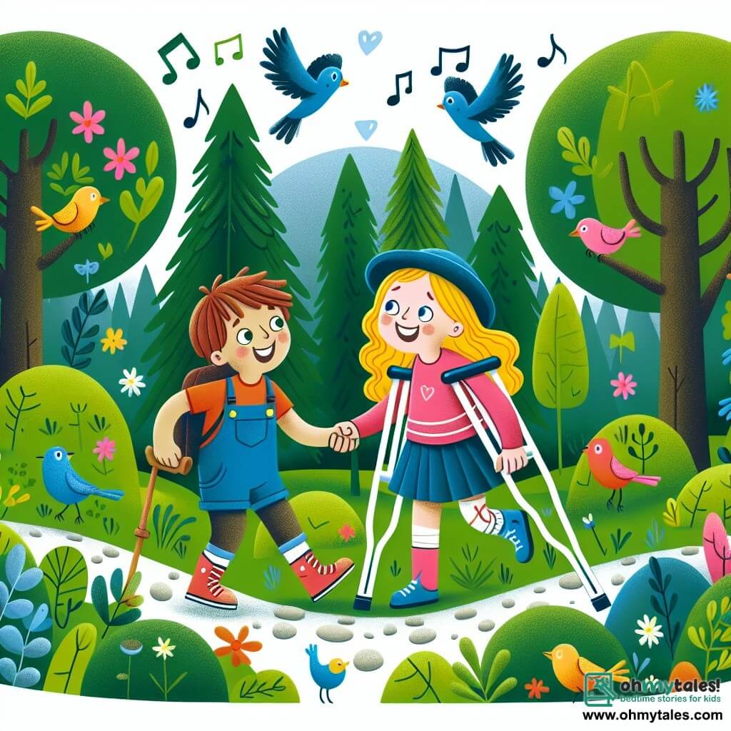 Une illustration destinée aux enfants représentant une jeune fille pleine de vie, faisant équipe avec une nouvelle amie sur des crutches, explorant ensemble une forêt luxuriante avec de grands arbres, des oiseaux chantants et un chemin cahoteux, symbolisant l'aventure et la solidarité.
