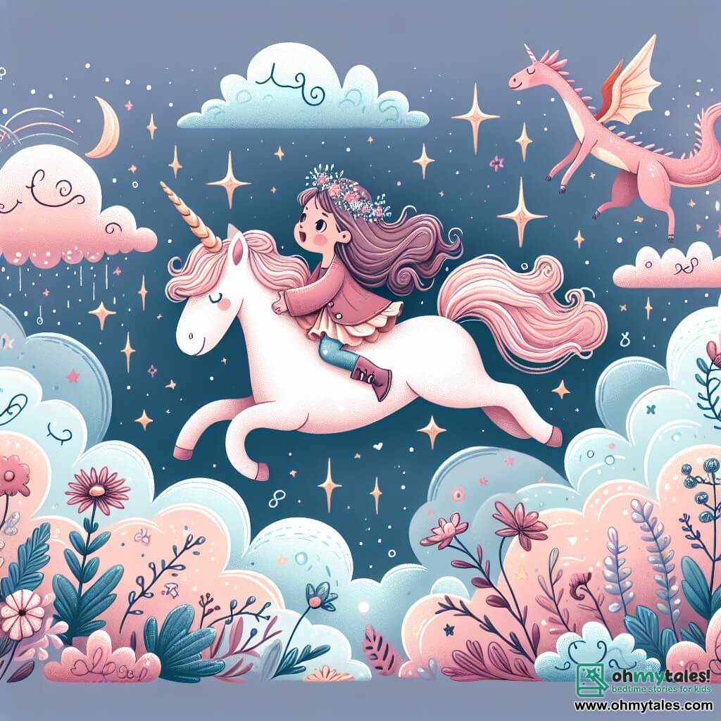 Une illustration destinée aux enfants représentant une fillette intrépide se lançant dans un défi impossible avec l'aide d'une licorne enchantée, dans un paysage magique où les nuages ressemblent à des dragons et les fleurs brillent comme des étoiles.