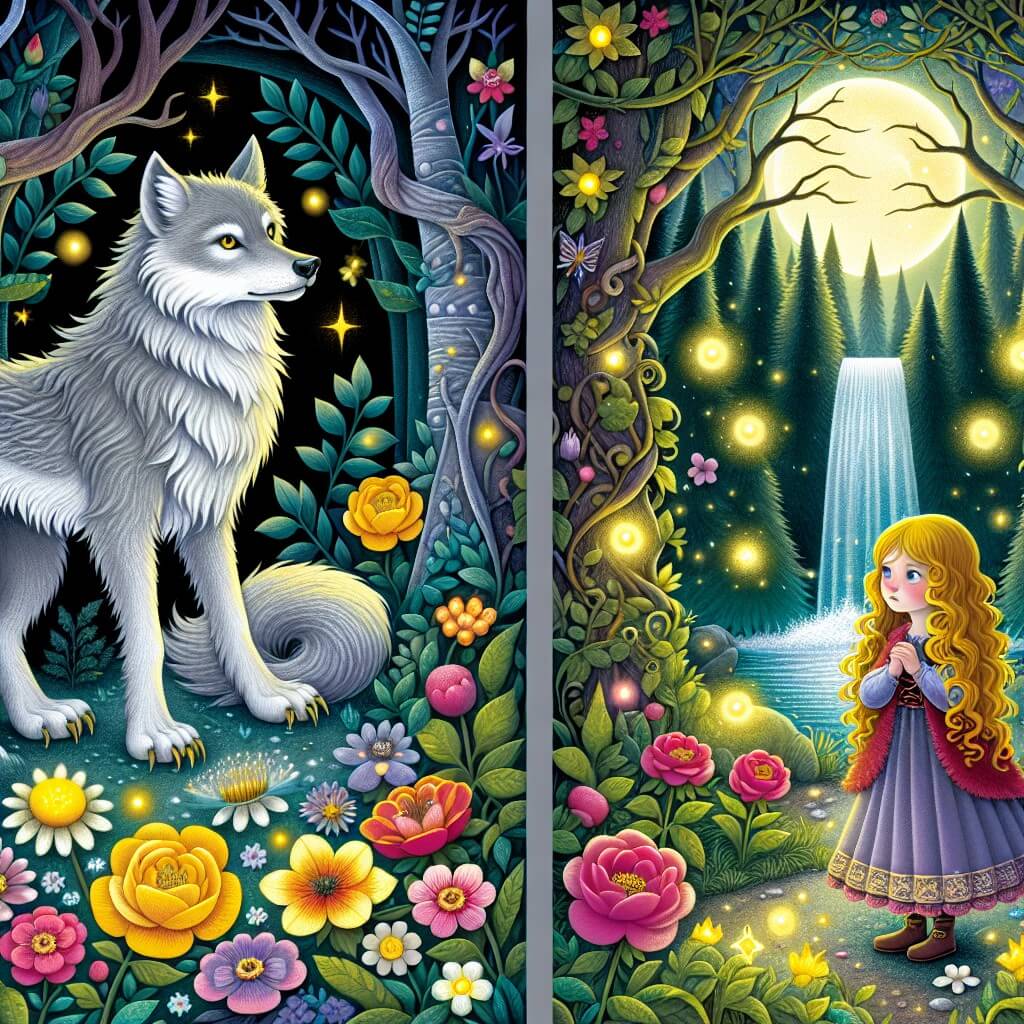 Une illustration destinée aux enfants représentant un loup-garou au pelage argenté, se tenant debout dans une forêt enchantée remplie de fleurs lumineuses, accompagné d'une jeune fille aux boucles d'or, tandis qu'une cascade magique brille au loin.
