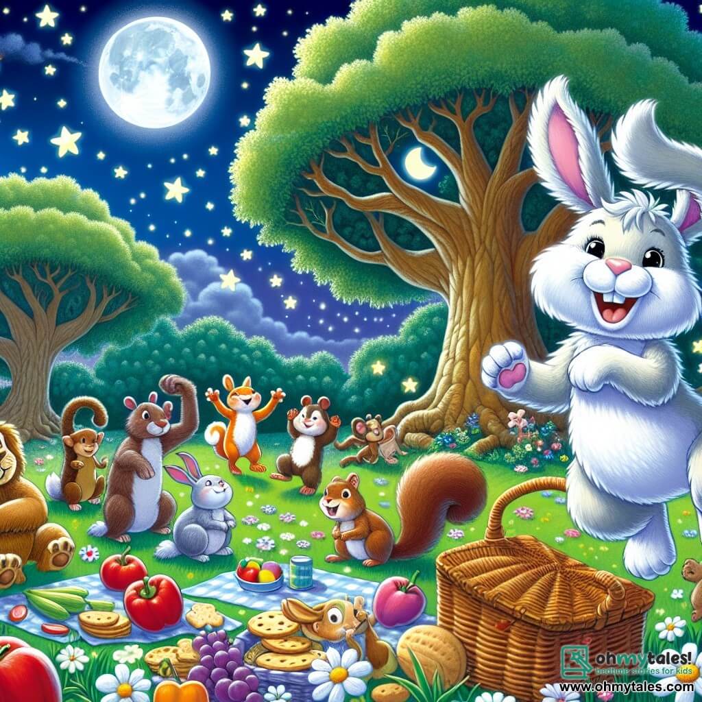 An illustration depicting a magical nighttime scene in a zoo. In the center, a small fluffy white rabbit with large floppy ears joyfully hops through a field of colorful flowers, its nose twitching with excitement. Nearby, a group of animals, including a mischievous squirrel with a bushy tail and a sparkling-eyed monkey, prepares to dance under the moonlight. The sky is dotted with twinkling stars, and a large oak tree stands in the background, its branches full of green leaves. Upside-down picnic baskets, with fruits and cookies scattered around, add a touch of playful mess to the scene. The atmosphere is cheerful and filled with laughter, capturing the spirit of a nighttime adventure full of camaraderie and discovery.