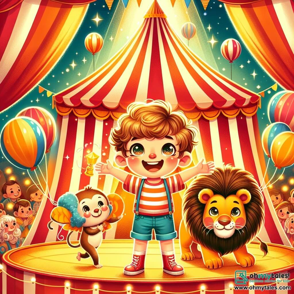 Une illustration sous forme de dessin destinée aux enfants représentant un grand chapiteau de cirque coloré, avec des rayures rouges et blanches, où un garçon de 7 ans aux cheveux bouclés et aux yeux pétillants, vêtu d'un t-shirt rayé et de shorts, se tient joyeusement au centre, entouré d'un lion majestueux à la crinière dorée et d'un petit singe malicieux aux yeux brillants, alors qu'ils s'apprêtent à réaliser un numéro de cirque ensemble, le tout baigné dans une lumière chaleureuse et festive, avec des ballons flottants et des spectateurs émerveillés en arrière-plan.