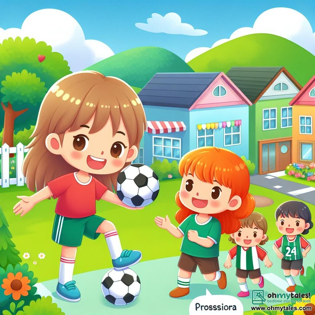 Une illustration destinée aux enfants représentant une jeune femme passionnée de football, rejoignant une équipe professionnelle, avec son amie Lily, dans un petit village entouré de verdure et de maisons colorées.