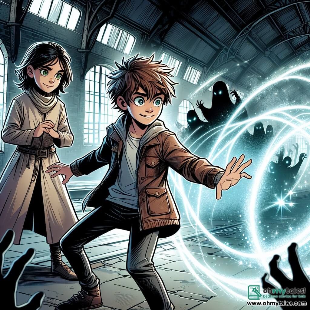 Une illustration sous forme de dessin destinée aux enfants représentant une scène magique dans un vieux dépôt de train abandonné, où un garçon de 11 ans aux cheveux bruns en bataille, vêtu d'une veste en cuir usée, se tient courageusement devant un scintillant mur de lumière, concentrant son énergie pour renforcer une barrière magique, tandis qu'à ses côtés, une fille aux longs cheveux noirs et aux yeux verts, vêtue d'une tunique légère, l'encourage avec un sourire déterminé, alors que des ombres menaçantes se dessinent à l'arrière-plan, créant une atmosphère de tension et d'aventure dans ce monde de fantasy urbaine.
