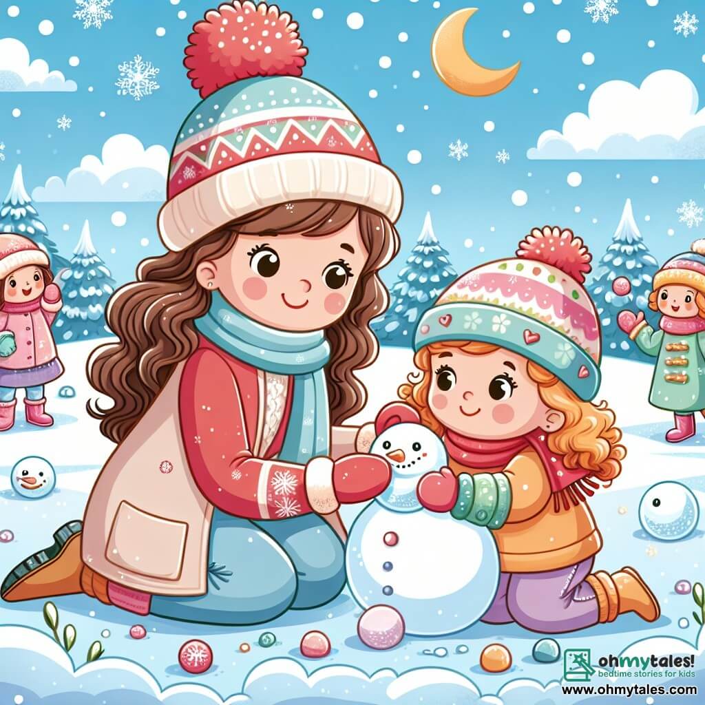 Une illustration sous forme de dessin destinée aux enfants représentant un paysage hivernal enchanteur, avec un sol recouvert de neige scintillante, une petite fille de 1 an aux cheveux bouclés et aux joues roses, vêtue d'un manteau coloré, d'un chapeau en laine et de moufles, en train de construire un bonhomme de neige avec sa maman, une femme souriante aux cheveux longs et bruns, portant une écharpe rouge, tandis qu'un groupe d'enfants joyeux joue à proximité, lançant des boules de neige et riant sous un ciel bleu clair parsemé de flocons de neige.