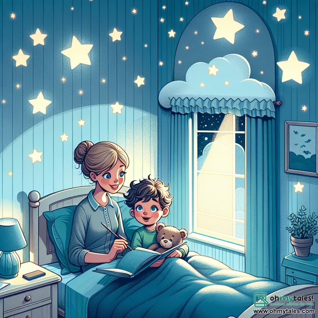 Une illustration sous forme de dessin destinée aux enfants représentant une chambre chaleureuse et accueillante, avec des murs peints en bleu pastel et des étoiles scintillantes collées au plafond, où un garçon de 7 ans, aux cheveux bouclés et aux yeux pétillants, est allongé sur son lit, serrant son ours en peluche contre sa poitrine, tandis qu'une douce lumière de lampe éclaire la pièce, et sa maman, une femme aux cheveux bruns et au sourire rassurant, est assise à côté de lui, lui lisant une histoire, alors qu'à l'extérieur, la nuit étoilée crée des ombres dansantes sur les murs, symbolisant la peur du noir qui commence à se dissiper.
