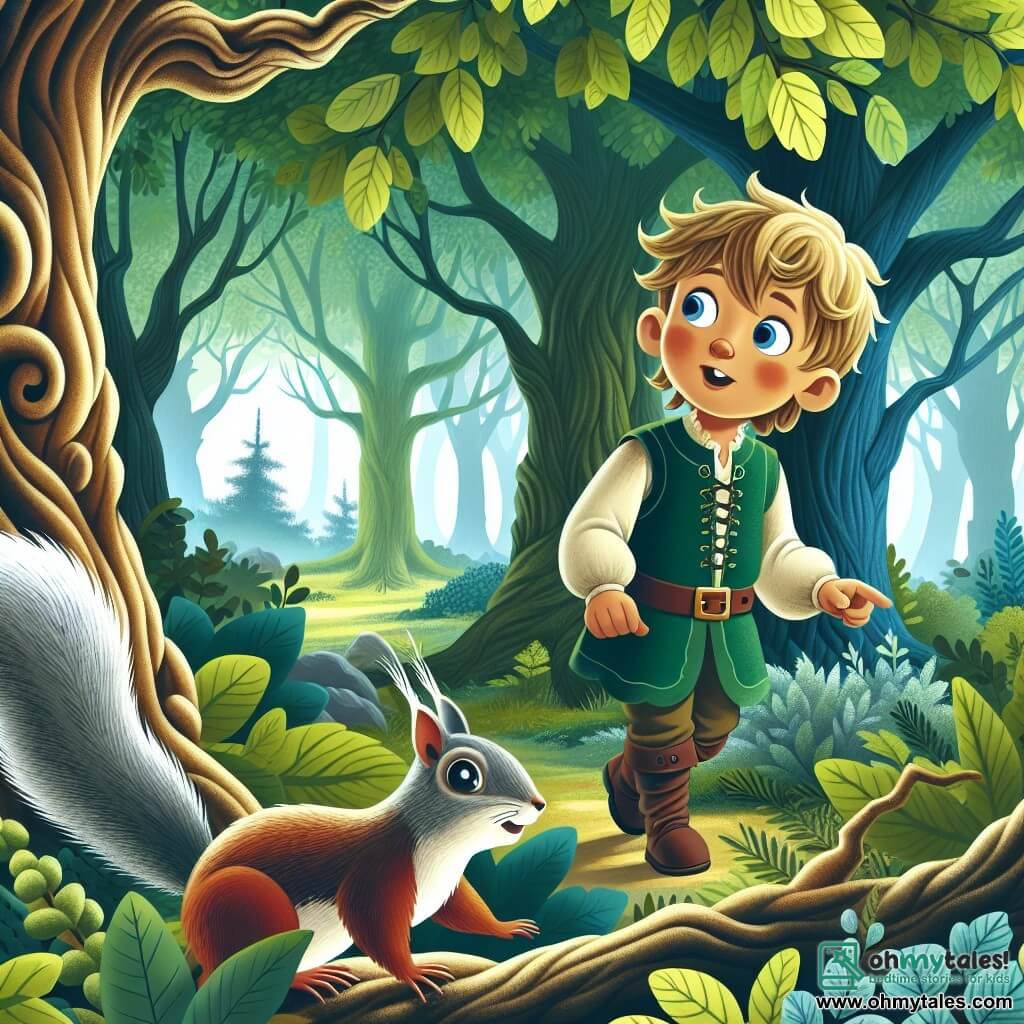 Une illustration destinée aux enfants représentant un jeune garçon curieux, plongé au cœur d'une forêt enchantée, accompagné d'un écureuil malicieux, dans un monde luxuriant où les arbres majestueux veillent comme des gardiens silencieux.