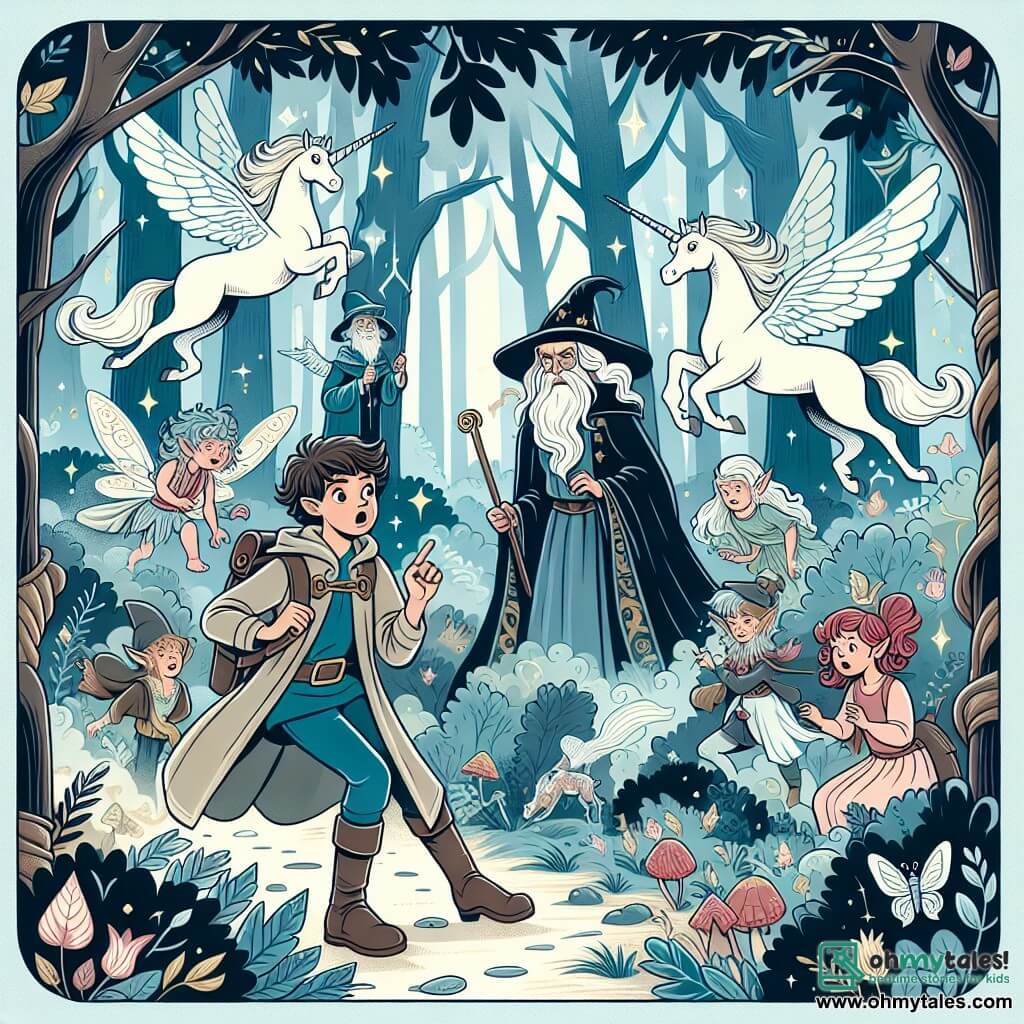 Une illustration destinée aux enfants représentant un jeune apprenti sorcier, plongé dans une aventure magique, accompagné d'un mystérieux sorcier, dans une forêt enchantée avec des arbres majestueux, des fées espiègles et des licornes gracieuses.