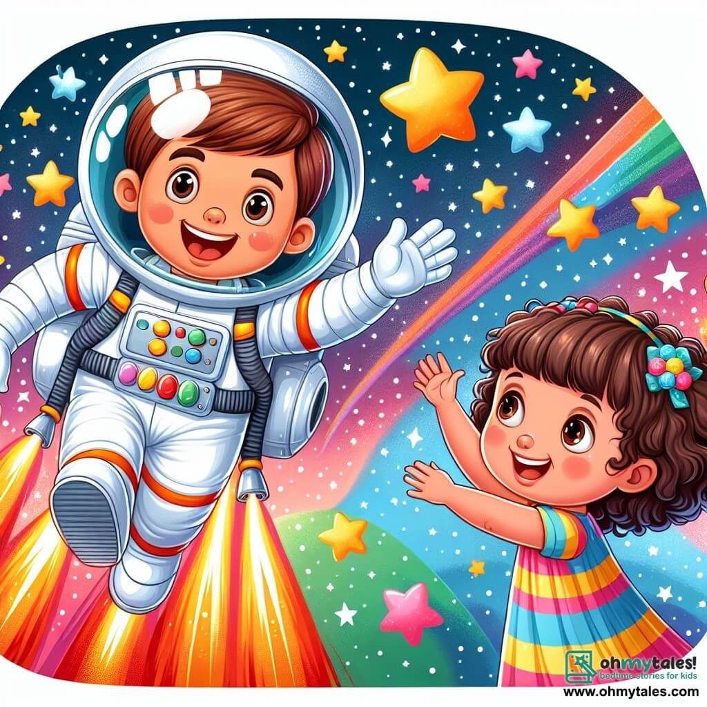 Une illustration sous forme de dessin destinée aux enfants représentant un joyeux centre spatial coloré avec des étoiles scintillantes en arrière-plan, où un jeune homme astronaute aux cheveux bruns et au sourire éclatant, vêtu d'une combinaison spatiale blanche, mime un vol dans l'espace, tandis qu'une petite fille aux yeux curieux et aux cheveux bouclés, portant une robe colorée, l'observe avec émerveillement, tous deux partageant un moment de joie et de rêve d'exploration spatiale.