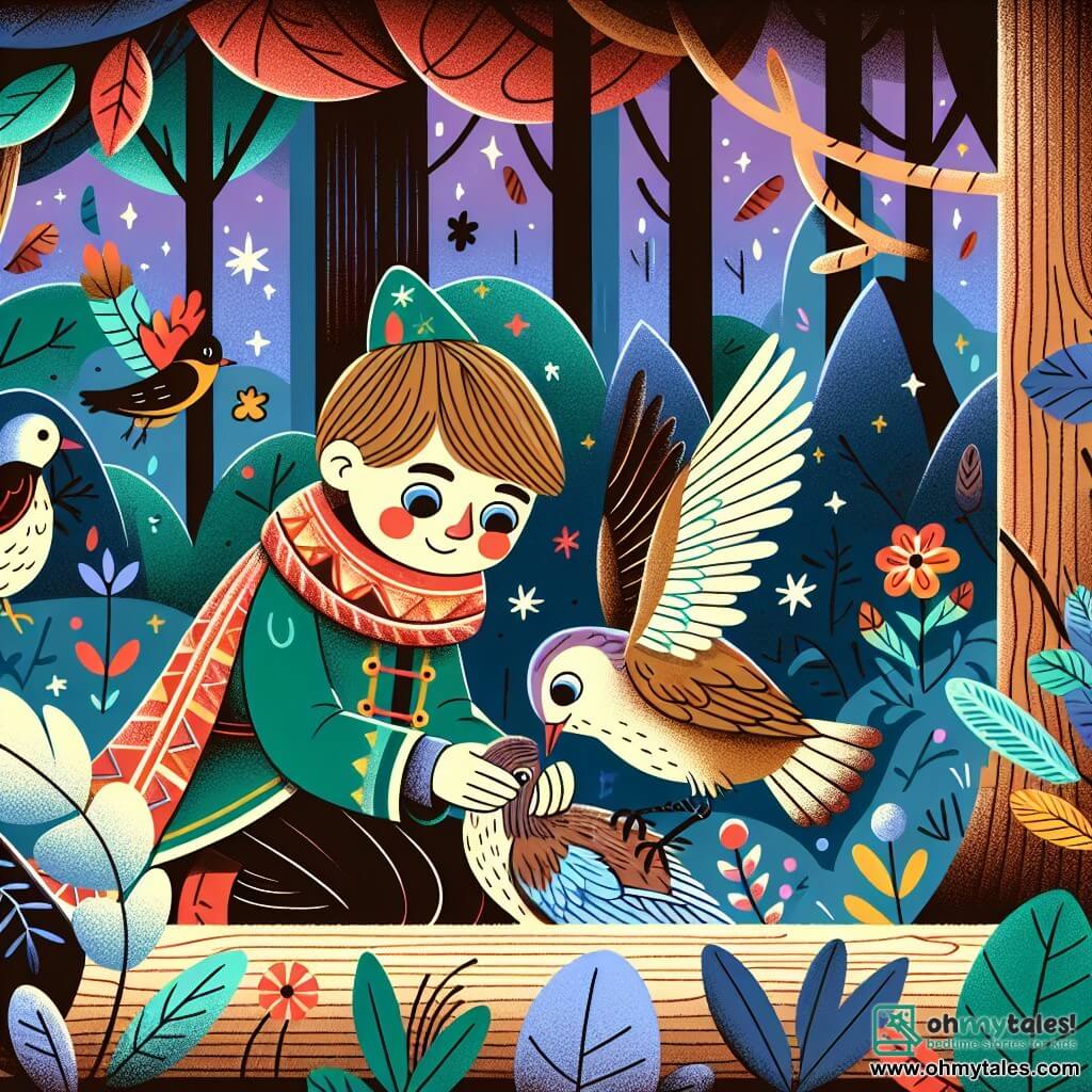 Une illustration destinée aux enfants représentant une jeune fille curieuse et imaginative, se liant d'amitié avec un oiseau blessé, dans une forêt enchantée aux couleurs automnales éclatantes.