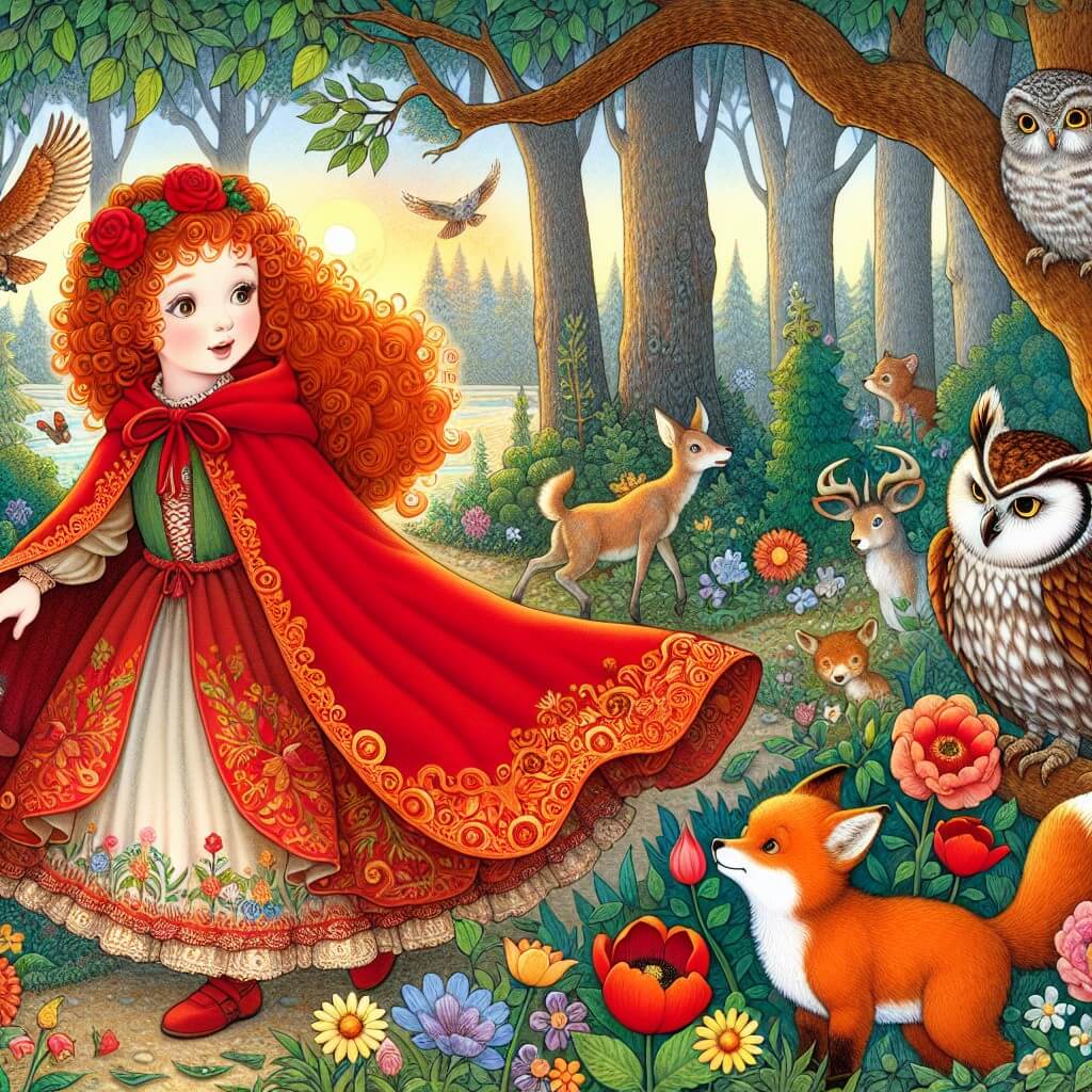 Une illustration destinée aux enfants représentant une jeune fille aux boucles de feu, vêtue d'une cape rouge éclatante, explorant une forêt enchantée remplie d'animaux parlants, de fleurs colorées et de majestueux arbres, tandis qu'un vieux hibou sage observe attentivement depuis une branche.