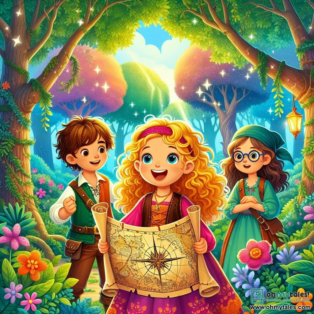 Une illustration sous forme de dessin destinée aux enfants représentant une scène enchantée dans une forêt lumineuse, où une fille de 9 ans aux cheveux bouclés et dorés, vêtue d'une robe colorée, tient une vieille carte au trésor avec un grand sourire d'excitation, tandis que deux amis, un garçon aux cheveux bruns et une fille aux lunettes, l'observent avec des yeux émerveillés, tous trois entourés d'arbres majestueux et de fleurs éclatantes, prêts à découvrir les mystères cachés de la forêt.