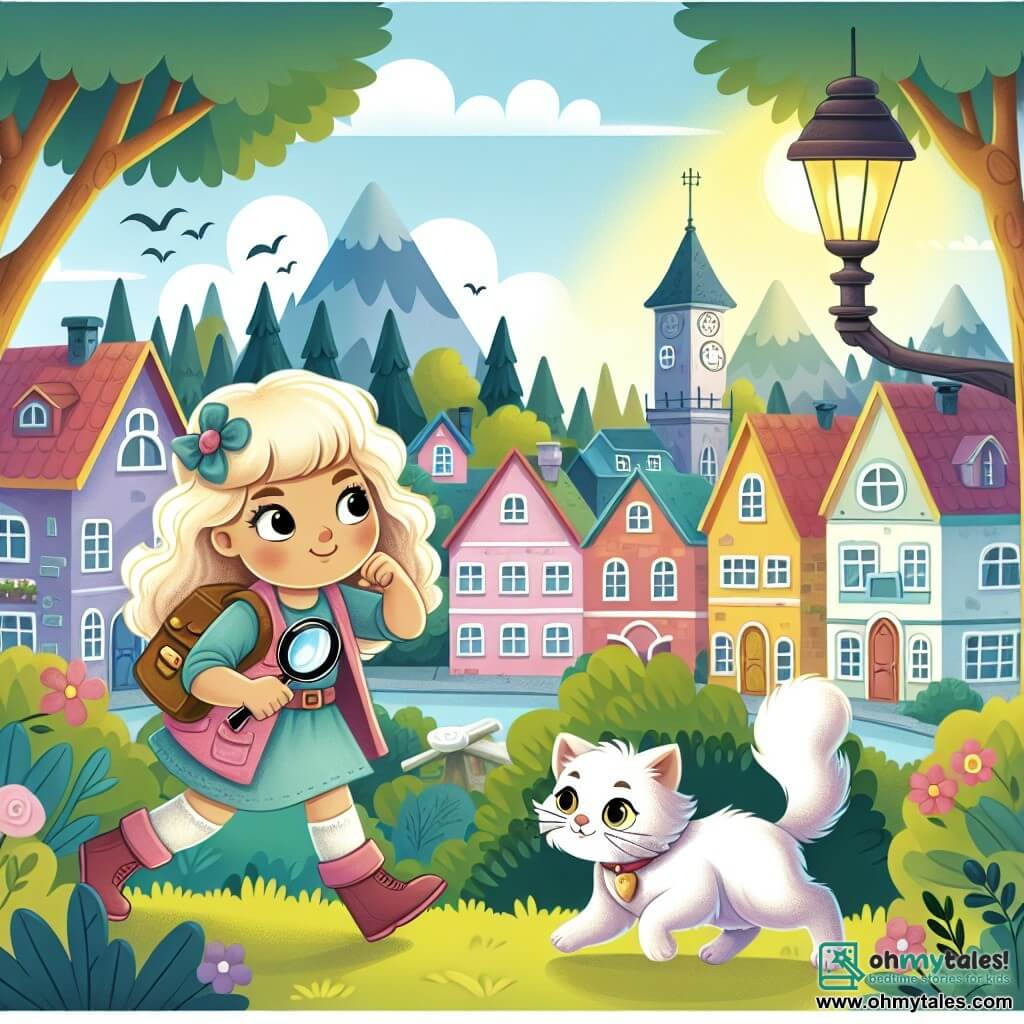 Une illustration destinée aux enfants représentant une fillette curieuse et aventureuse, accompagnée d'un chat blanc duveteux, résolvant un mystère dans une petite ville paisible entourée de maisons colorées et d'arbres majestueux.