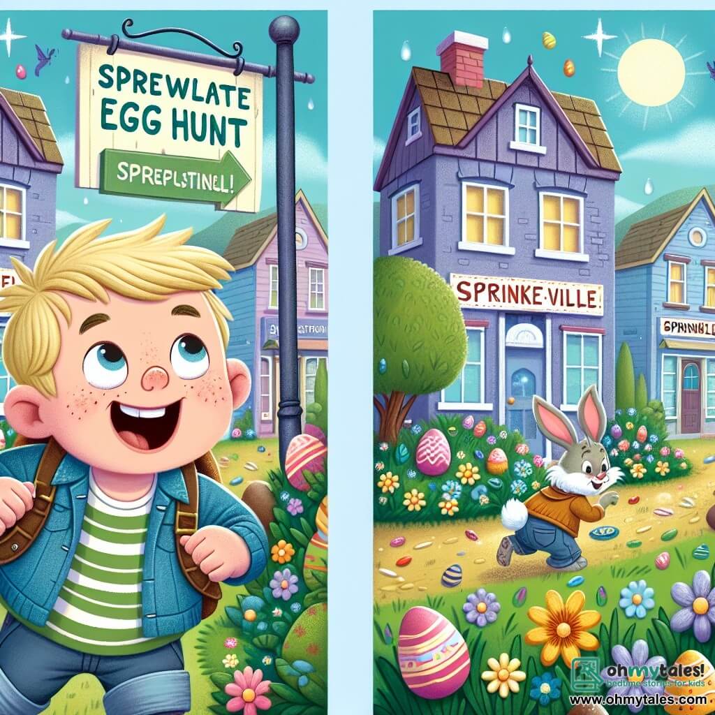Une illustration destinée aux enfants représentant un garçon enthousiaste, à la recherche d'œufs en chocolat, accompagné d'un lapin espiègle, dans la ville ensoleillée de Sprinkleville, décorée de fleurs colorées et de panneaux annonçant la chasse aux œufs de Pâques.