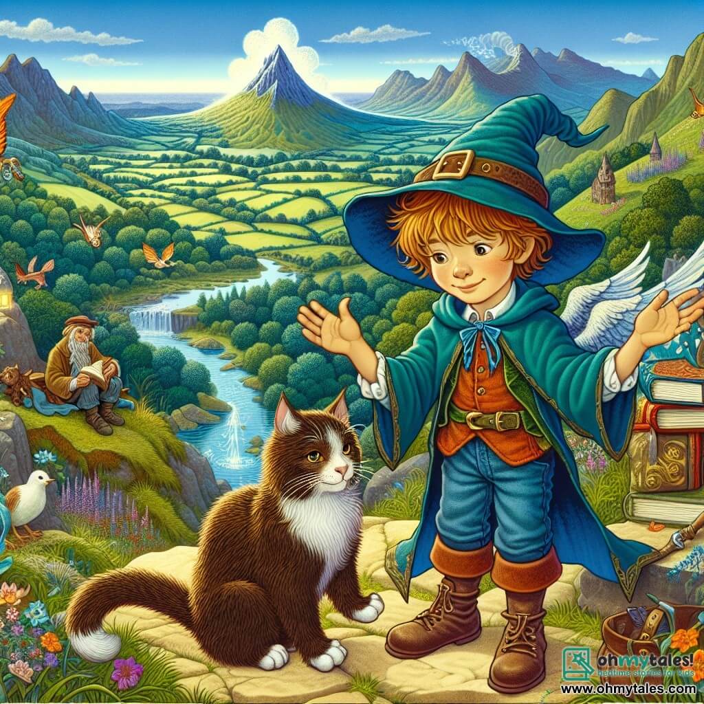 Une illustration destinée aux enfants représentant un jeune apprenti sorcier plein de malice, qui se retrouve dans des situations loufoques avec l'aide de son chat ailé, dans le pittoresque et coloré paysage de la magique lande de Zanadon.