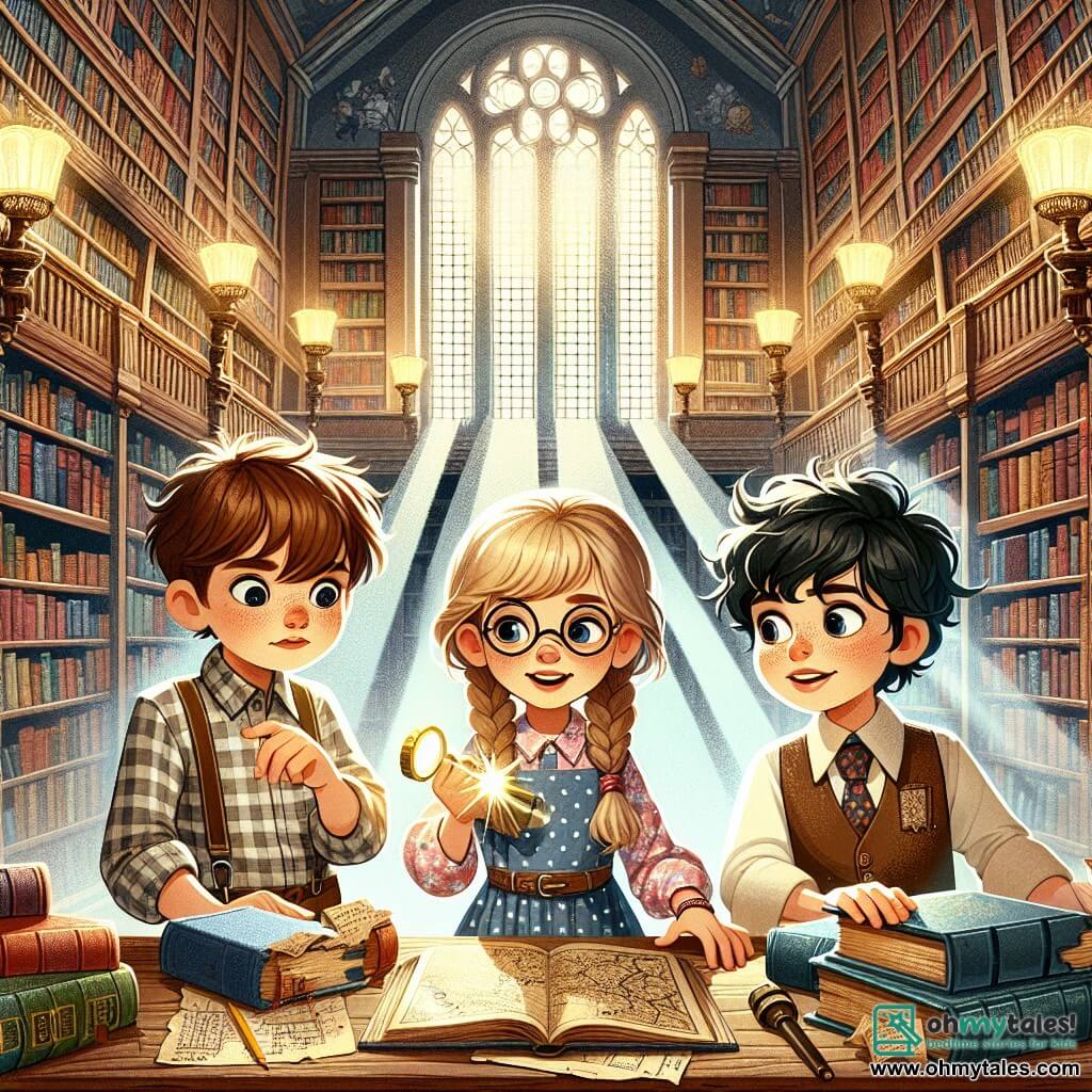 An illustration depicts a scene in a magical library, with tall wooden shelves filled with colorful books and beams of light filtering through large stained glass windows. In the center, three young investigators stand in front of a wooden table, their faces lit up with excitement. The first character is a ten-year-old boy with messy brown hair, wearing a checkered shirt and round glasses, examining an old book with a curious expression. Next to him, a ten-year-old girl with braided blonde hair and a polka dot dress points to an ancient map, her face beaming with enthusiasm. Finally, another ten-year-old boy with curly black hair, dressed in a graphic t-shirt, holds a flashlight, ready to explore the library's mysteries. The main focus shows the children discovering a hidden ancient treasure, surrounded by dusty books and mysterious artifacts. Yellowed notes and maps are scattered across the table, while an atmosphere of adventure and discovery hangs in the air. Additional elements include cobwebs in the corners, an old globe on a shelf, and intriguing shadows cast by the flashlight, creating a sense of mystery and exploration.