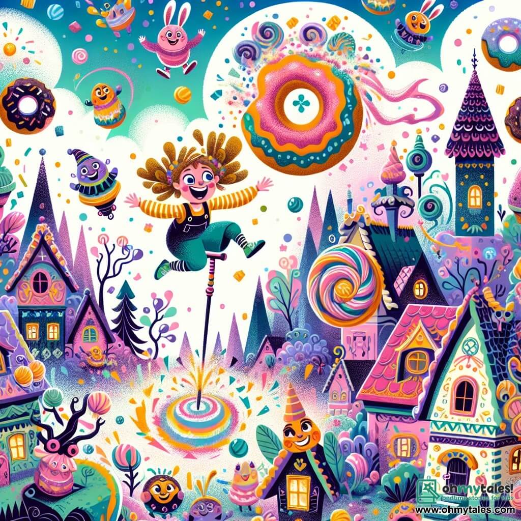 Une illustration sous forme de dessin destinée aux enfants représentant un village coloré et farfelu, avec des maisons aux formes tordues et des arbres en bonbons, où une fille de 11 ans aux cheveux ébouriffés et aux yeux pétillants, en train de sauter joyeusement sur un pogo stick, est entourée de créatures ressemblant à des donuts aux oreilles de lapin qui dansent et rient, alors qu'un énorme nuage de confettis et de bonbons explose au-dessus d'eux, illustrant un moment de pure joie et de magie dans une aventure pleine de surprises.