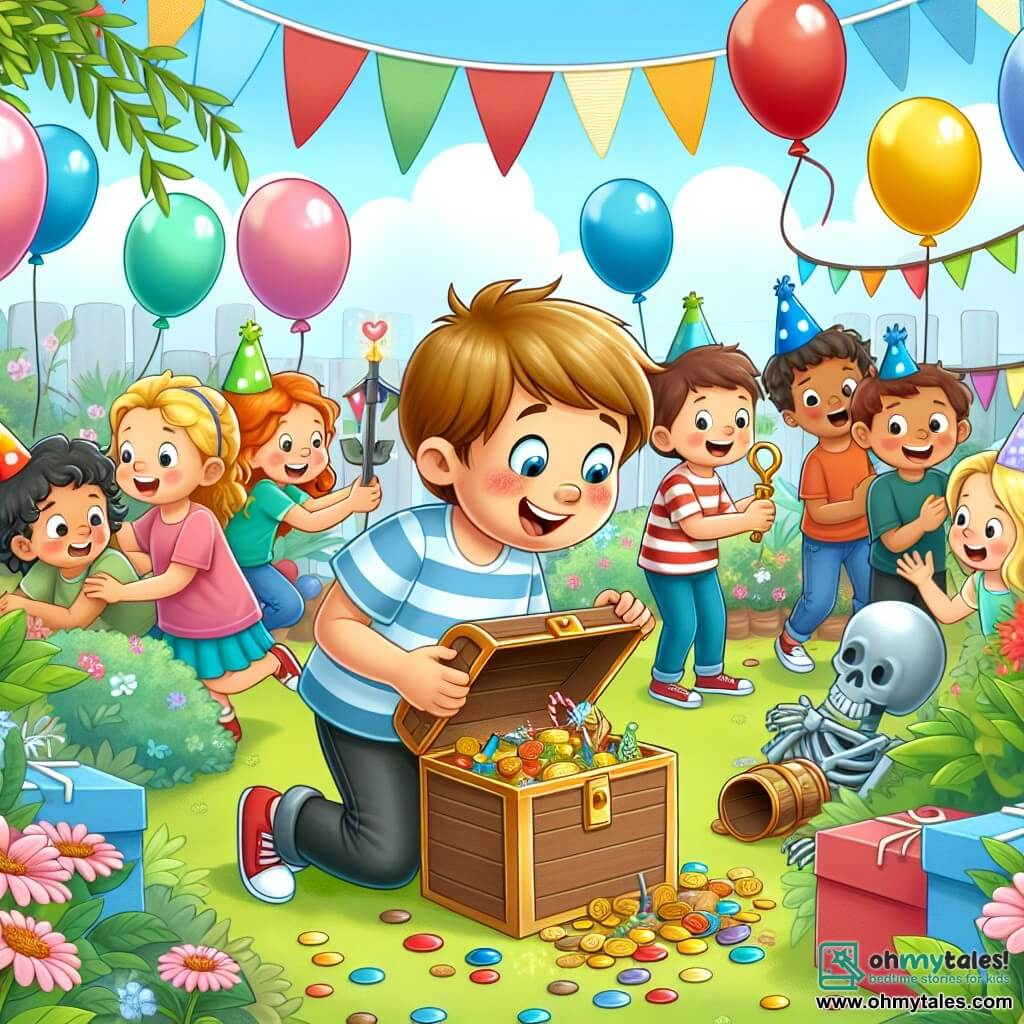 Une illustration destinée aux enfants représentant un garçon joyeux et curieux découvrant des trésors cachés lors d'une chasse au trésor d'anniversaire, accompagné de ses amis enthousiastes, dans un jardin coloré rempli de ballons et de décorations festives.