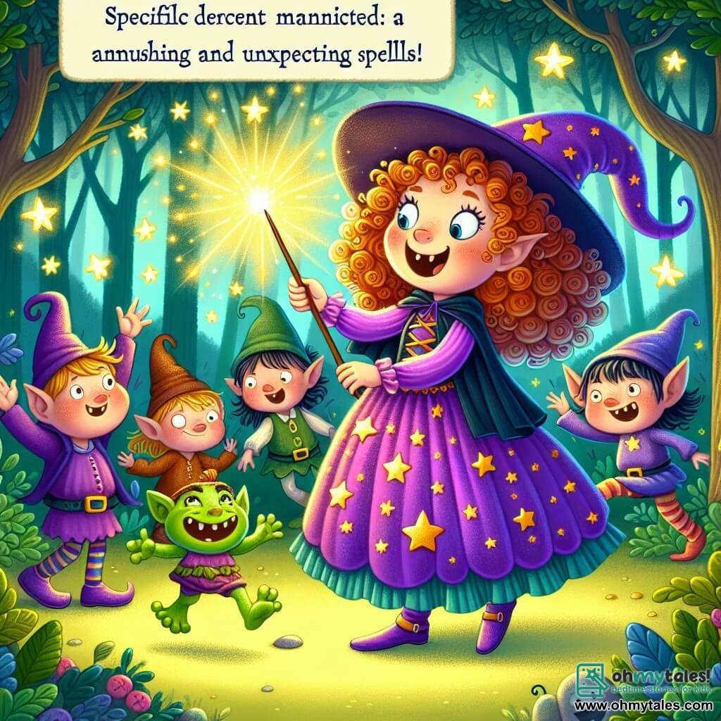 Une illustration sous forme de dessin destinée aux enfants représentant une scène colorée dans la forêt enchantée de Whimsy Woods, où une jeune sorcière aux cheveux bouclés et vêtue d'une robe violette ornée d'étoiles, brandit sa baguette magique en lançant un sort, entourée de petits gobelins rieurs aux chapeaux pointus qui dansent joyeusement autour d'elle, tandis qu'un petit grenouille verte se tient sur son épaule, le tout baigné dans une lumière dorée et scintillante, illustrant le moment où la sorcière crée des sorts amusants et inattendus.