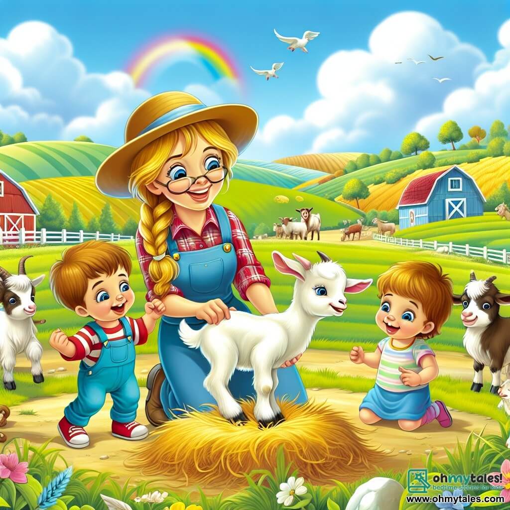 Une illustration destinée aux enfants représentant une femme farmer souriante, accompagnée de deux enfants curieux, découvrant un nouveau-né chèvre dans une ferme colorée, entourée de champs verdoyants, d'animaux joyeux et d'un ciel bleu lumineux.