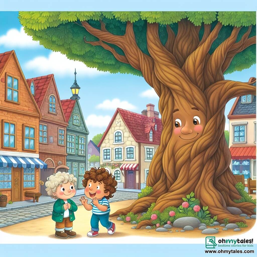 Une illustration destinée aux enfants représentant un garçon timide dans une nouvelle ville, se liant d'amitié avec un garçon joyeux aux cheveux bouclés, sous un majestueux chêne centenaire dans une petite ville pittoresque bordée de maisons colorées et de rues pavées.