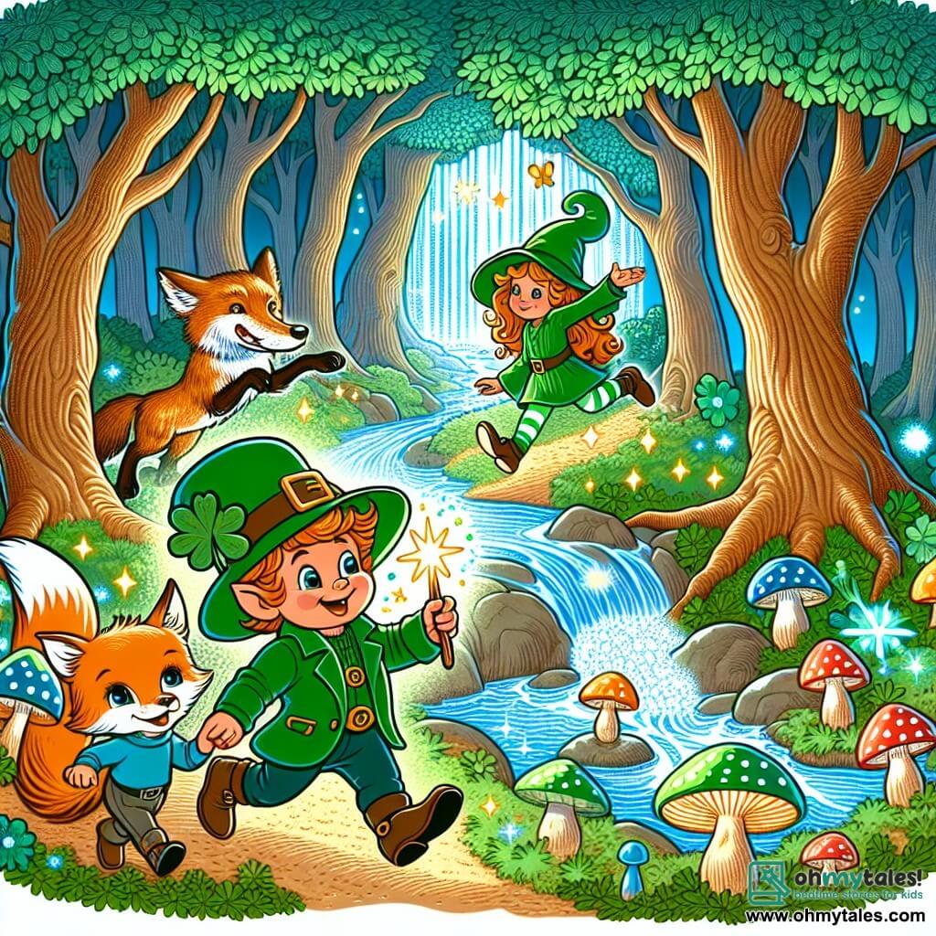 Une illustration destinée aux enfants représentant un lutin espiègle, se lançant dans une quête fantastique avec l'aide d'un adorable renard, à travers une forêt enchantée remplie de champignons lumineux, cascades scintillantes et arbres aux feuilles chatoyantes.