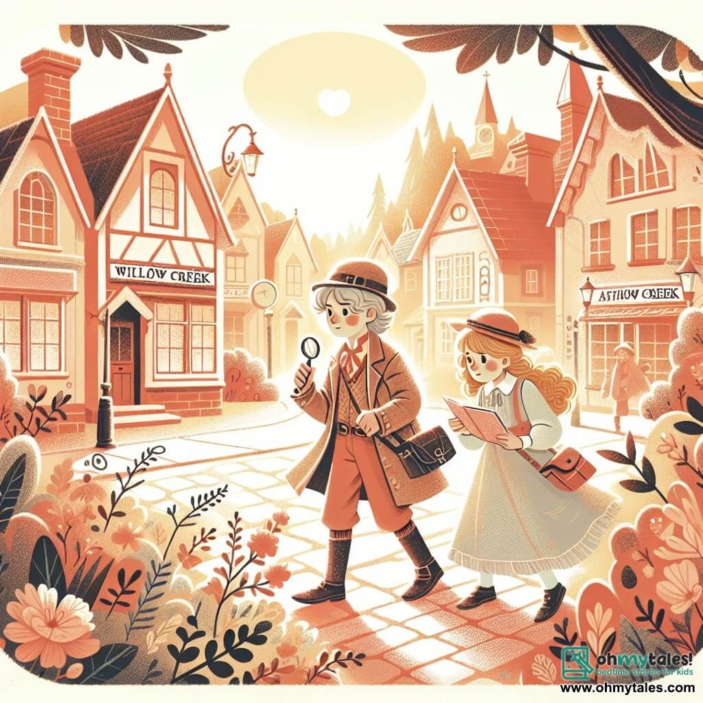 Une illustration destinée aux enfants représentant une fillette curieuse et aventureuse, accompagnée de son père, dans la petite ville pittoresque de Willow Creek, en train de résoudre un mystère pour la fête des pères.