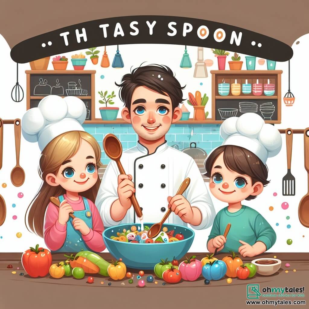Une illustration destinée aux enfants représentant un chef cuisinier homme talentueux préparant des plats délicieux, accompagné de deux enfants curieux, une fille aux yeux bleus et un garçon au sourire espiègle, dans une cuisine animée et chaleureuse remplie de couleurs et d'arômes appétissants à The Tasty Spoon, un restaurant cosy.