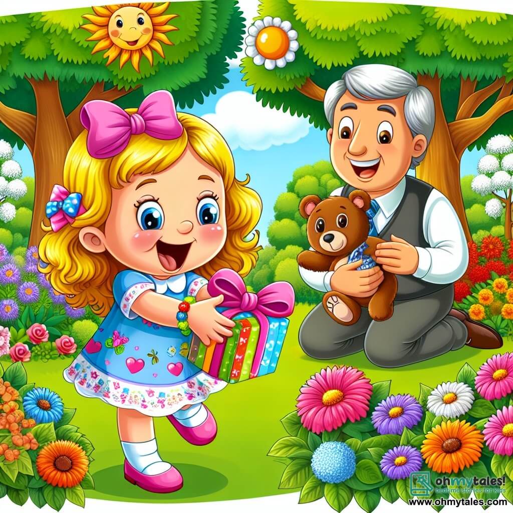 Une illustration destinée aux enfants représentant une petite fille joyeuse préparant une surprise spéciale pour son papa, avec l'aide complice de son père, dans leur jardin ensoleillé rempli de fleurs colorées et d'arbres majestueux.