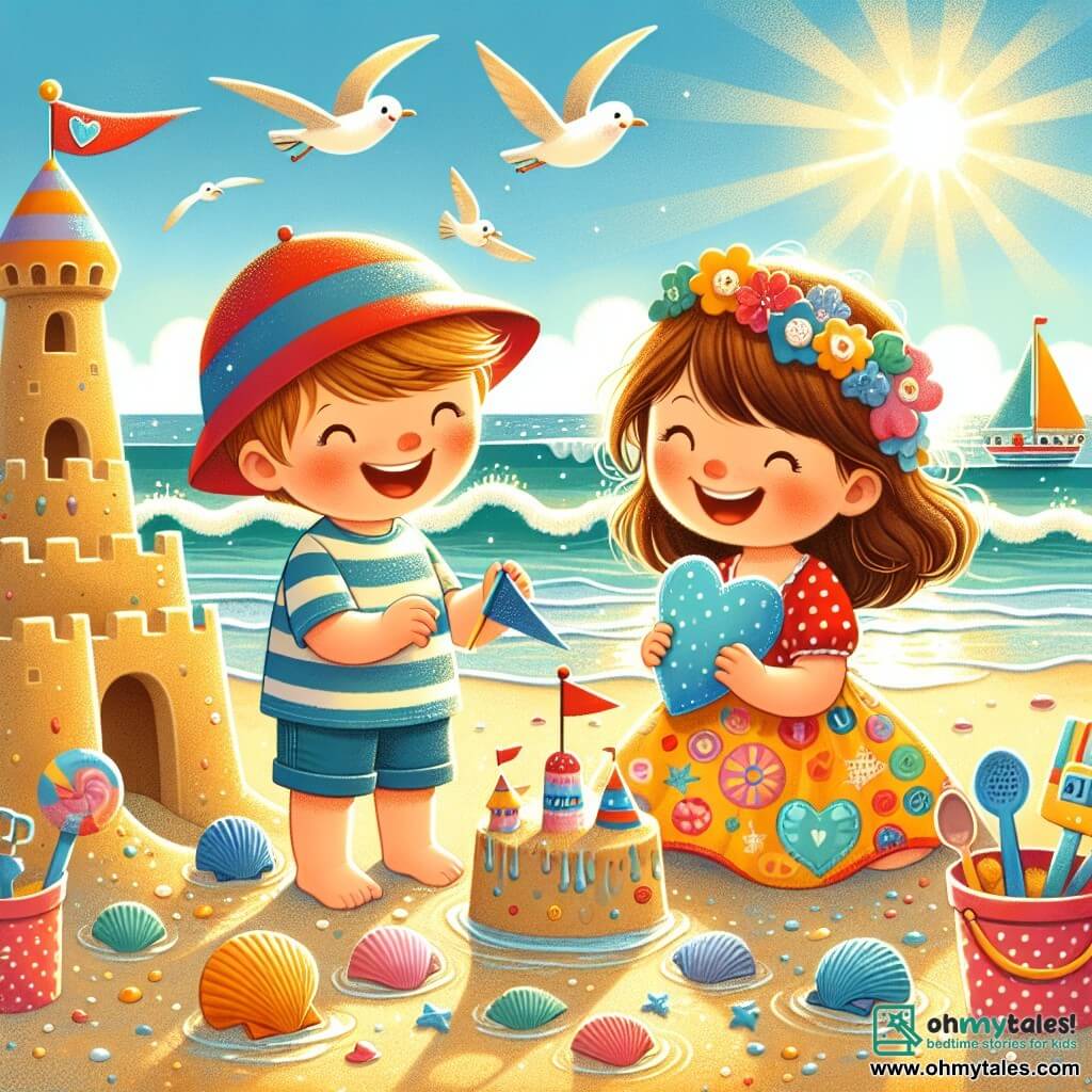 The illustration depicts a sunny beach with golden sand sparkling under the sun. In the foreground, a 6-year-old boy wearing a red hat smiles joyfully while holding a blue flag. Next to him, a 6-year-old girl with brown hair and a colorful dress shows a heart-shaped shell she just found. They are surrounded by gentle waves lapping at the shore and a few seagulls flying in the blue sky. In the background, a large sandcastle decorated with seashells and a colorful flag stands proudly. The atmosphere is festive and joyful, evoking the spirit of a birthday celebration at the beach.