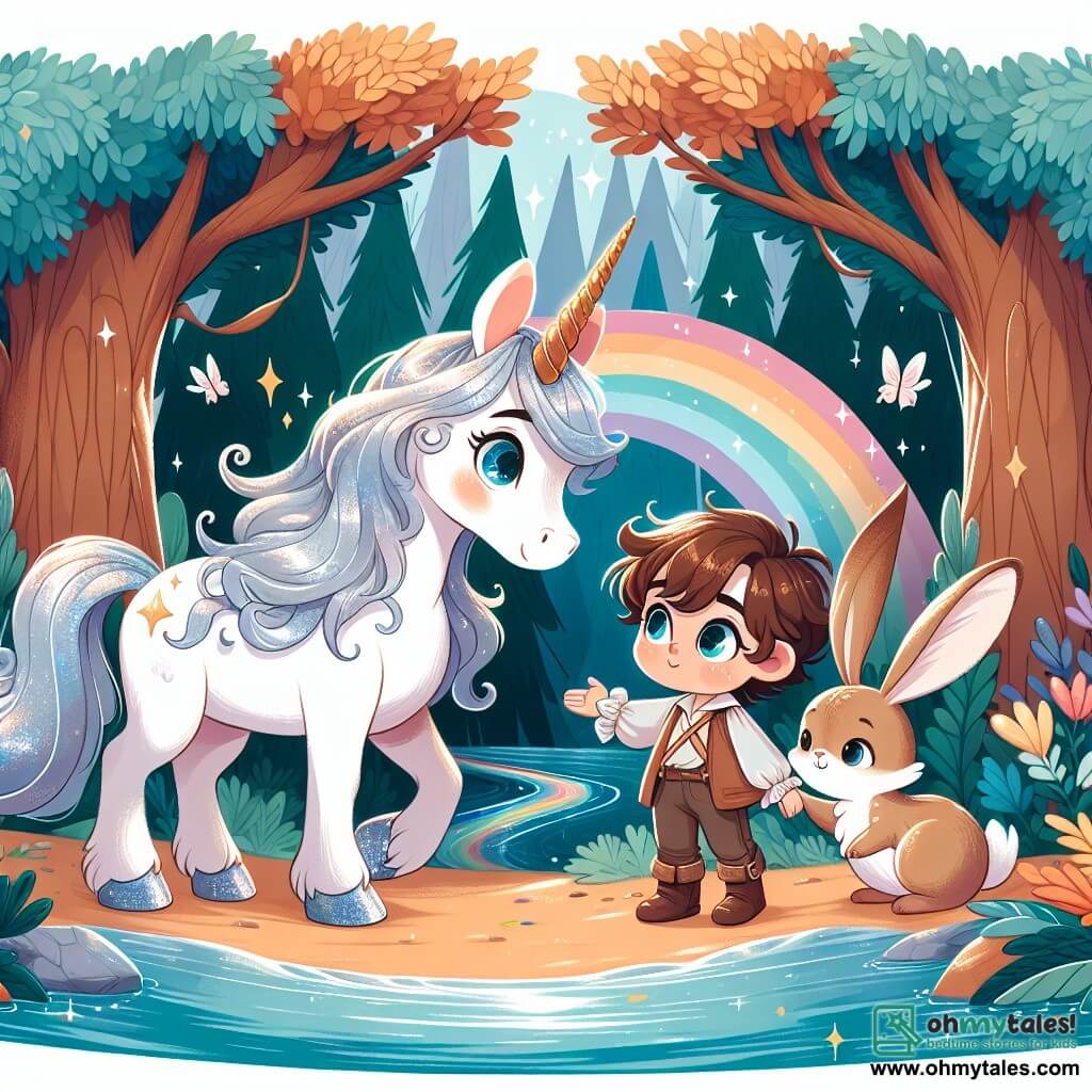 Une illustration sous forme de dessin destinée aux enfants représentant une forêt enchantée aux arbres majestueux et aux feuilles scintillantes, où une magnifique licorne aux crins argentés et à la corne dorée se tient au bord d'une rivière arc-en-ciel, son regard plein d'espoir alors qu'elle observe un petit garçon aux yeux pétillants et aux cheveux bouclés, qui s'approche d'elle avec un sourire encourageant, tandis qu'un adorable lapin aux grandes oreilles et à la fourrure douce, aux côtés du garçon, s'apprête à plonger dans l'eau pour retrouver un cristal magique perdu, symbolisant l'amitié et l'entraide dans leur quête.
