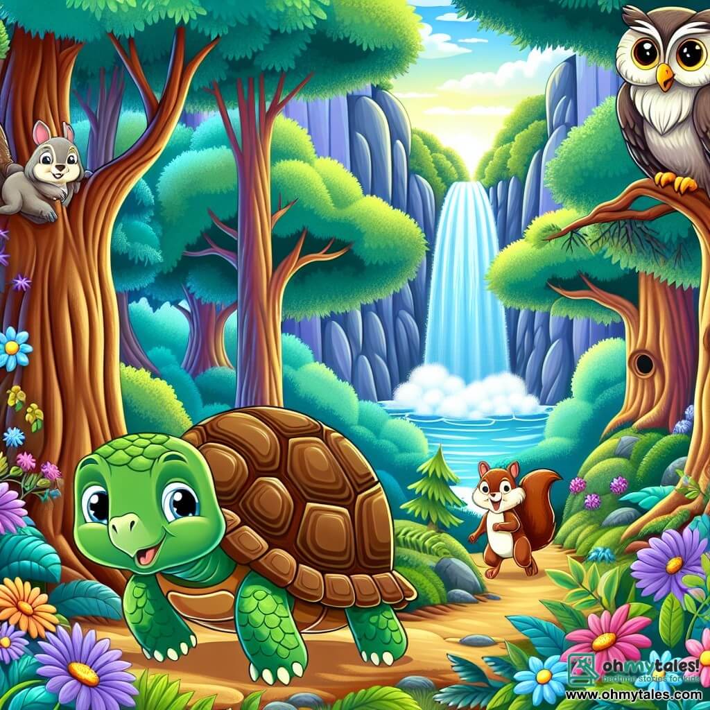 Une illustration destinée aux enfants représentant une tortue sage et courageuse se trouvant dans une forêt luxuriante remplie d'arbres majestueux, de fleurs colorées, accompagnée d'un écureuil espiègle et d'un hibou sage, tous se dirigeant vers une magnifique cascade magique.