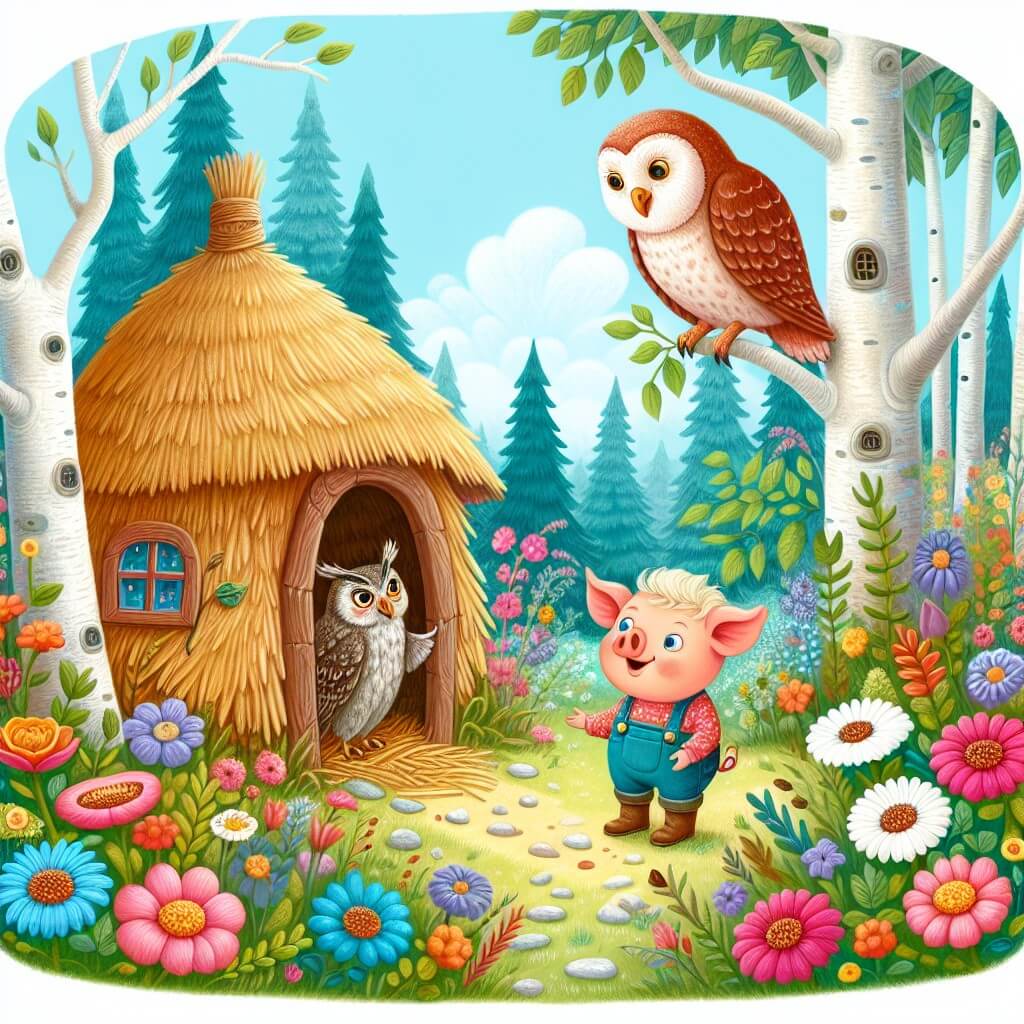 Une illustration destinée aux enfants représentant un petit cochon curieux, vivant dans une petite maison de paille, qui rencontre un sage hibou dans une forêt enchantée pleine de fleurs colorées et d'arbres majestueux.