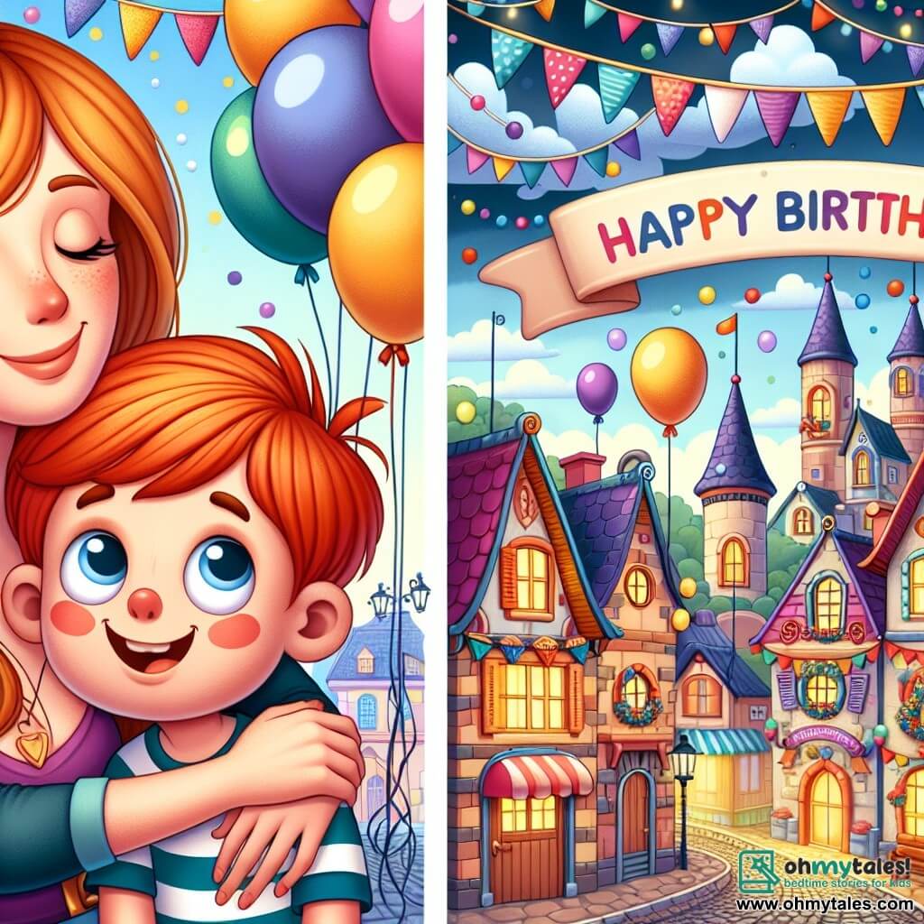 Une illustration destinée aux enfants représentant un petit garçon aux cheveux roux, une situation d'anniversaire joyeuse, une maman aimante, et une ville colorée appelée Happyville avec des maisons décorées de ballons et de bannières festives.