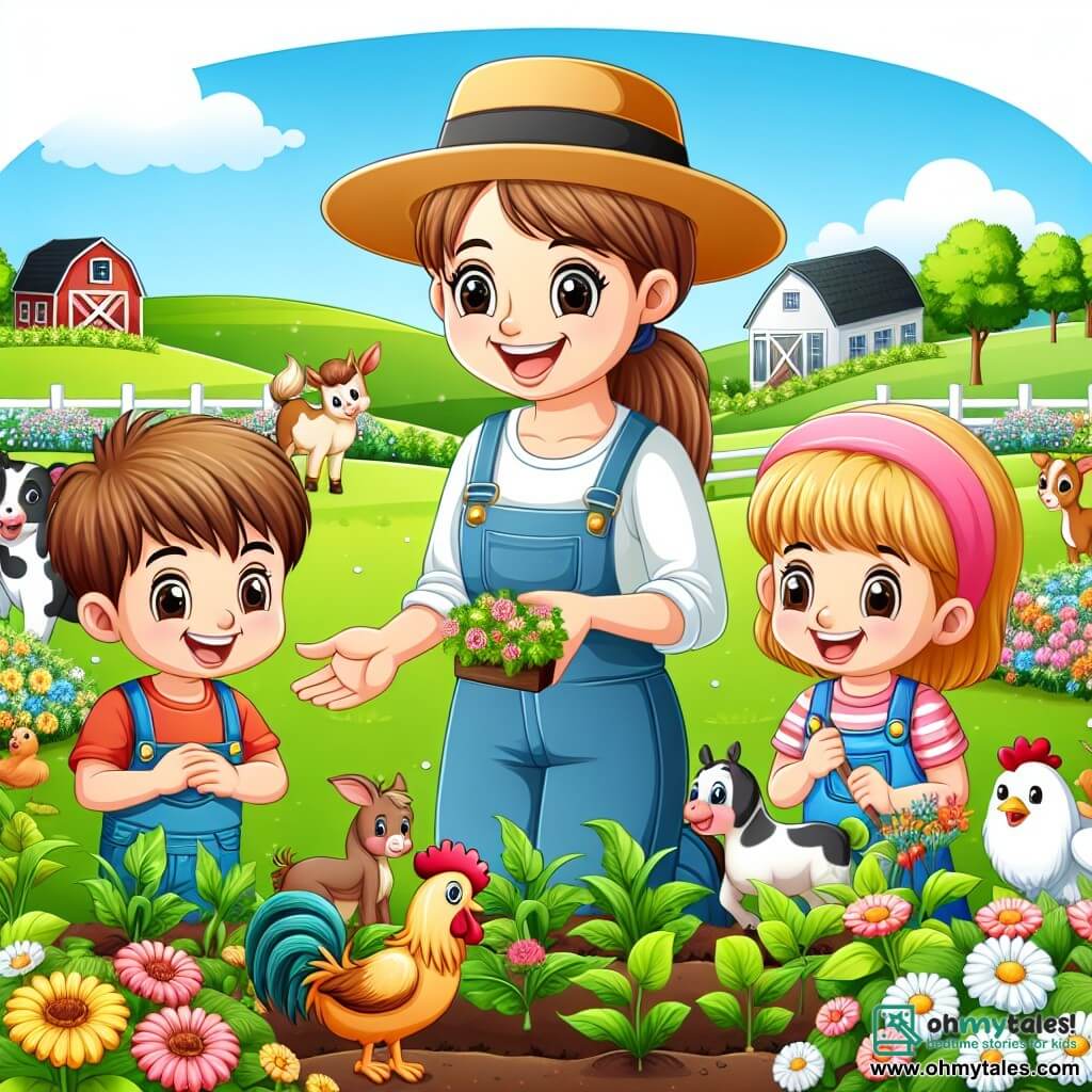 Une illustration destinée aux enfants représentant une femme agricultrice souriante enseignant à deux enfants curieux comment prendre soin des cultures et des animaux dans une ferme pittoresque entourée de champs verdoyants, de fleurs colorées et d'animaux joyeux à Green Valley.