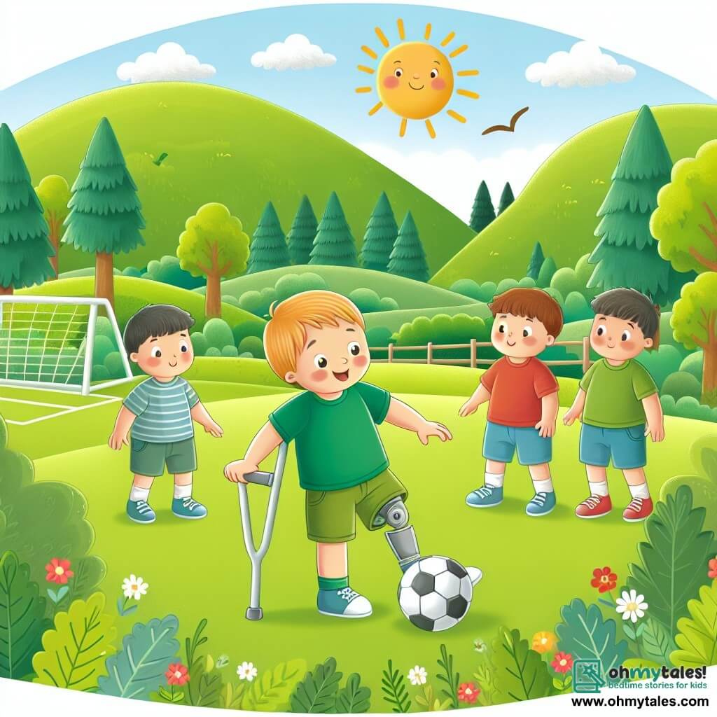 Une illustration destinée aux enfants représentant un garçon curieux et aventureux, né avec un handicap, qui joue au football avec ses amis bienveillants dans un parc ensoleillé entouré de collines verdoyantes et de forêts luxuriantes.
