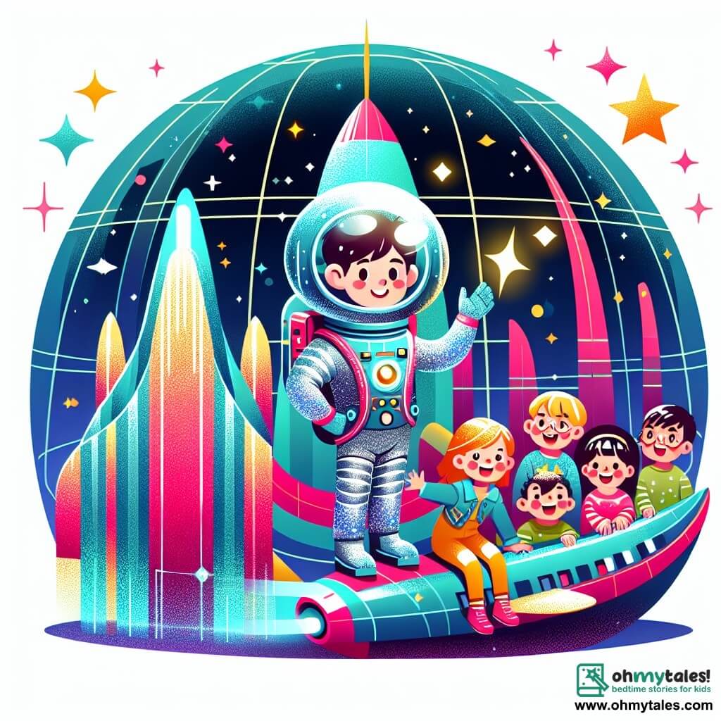 Une illustration destinée aux enfants représentant un astronaute courageux dans une combinaison scintillante, accompagné d'un groupe d'enfants excités, à bord d'un vaisseau spatial étincelant, prêt à explorer les étoiles depuis un centre spatial aux couleurs vives et aux formes futuristes.