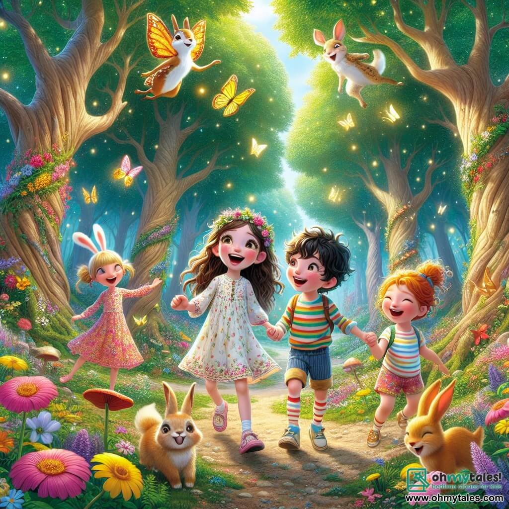 An illustration depicting a beautiful landscape of an enchanted forest, where tall trees with gnarled trunks reach towards the sky, their leaves sparkling like stars in the sun. Colorful flowers in vibrant shades of pink, purple, and yellow dot the ground, while butterflies with bright wings dance in the fresh air. In the center of the scene are four young adventurers: two girls around 8 years old, one with long brown hair and a flower dress, the other with braided blonde hair and a colorful t-shirt. Next to them is a boy about 7 years old, with messy black hair and striped shorts, laughing heartily. Finally, another girl, aged 9, with curly red hair and a sparkling skirt, holds her friend's hand. They are all laughing and playing, surrounded by magical creatures: a small golden rabbit with sparkling eyes and a brightly feathered bird singing joyfully. The adventurers seem amazed by their surroundings, with radiant smiles on their faces, while a fluffy, smiling cloud floats above them, ready to tickle them. The atmosphere is joyful and full of magic, capturing the spirit of adventure and friendship.