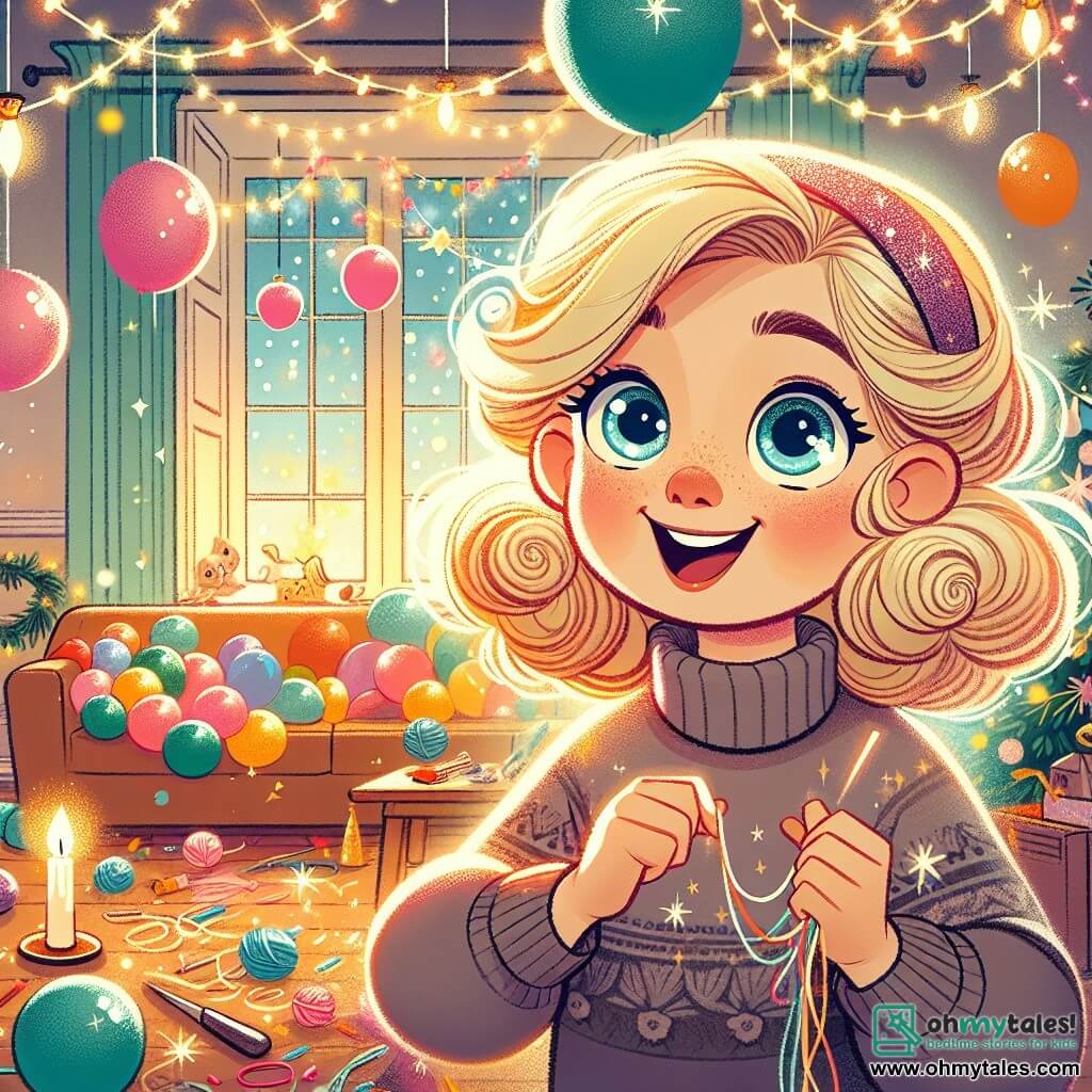 Une illustration destinée aux enfants représentant une jeune fille aux yeux étincelants et aux boucles blondes rebondissantes, qui se prépare avec enthousiasme pour une fête du Nouvel An magique, entourée de ballons colorés, de guirlandes scintillantes et de confettis éparpillés, dans une maison chaleureuse et pleine de rires, où règne une ambiance de célébration.