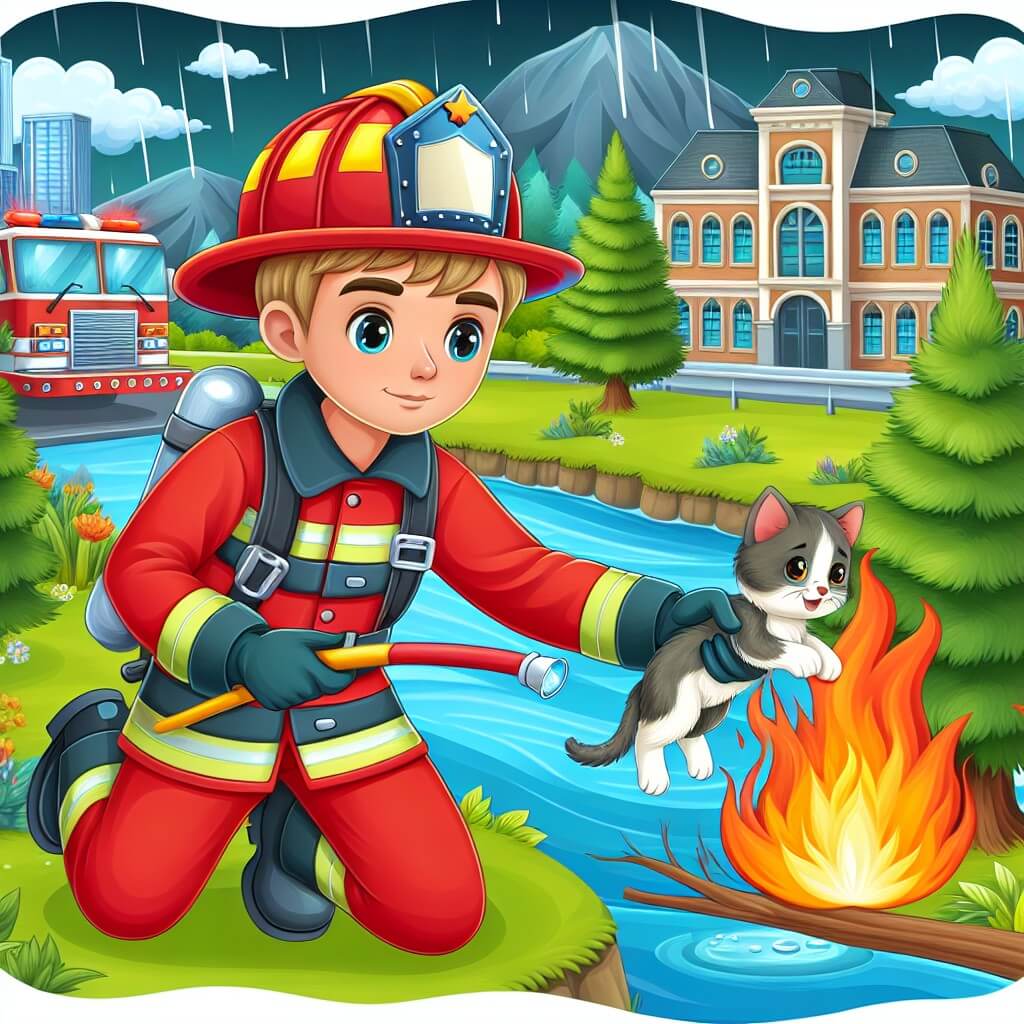 Une illustration destinée aux enfants représentant un homme courageux et dévoué, vêtu d'une tenue de pompier rouge vif, en train de sauver un chaton d'un arbre enflammé, avec en arrière-plan une caserne de pompiers imposante, entourée de magnifiques arbres verts et d'une rivière scintillante.