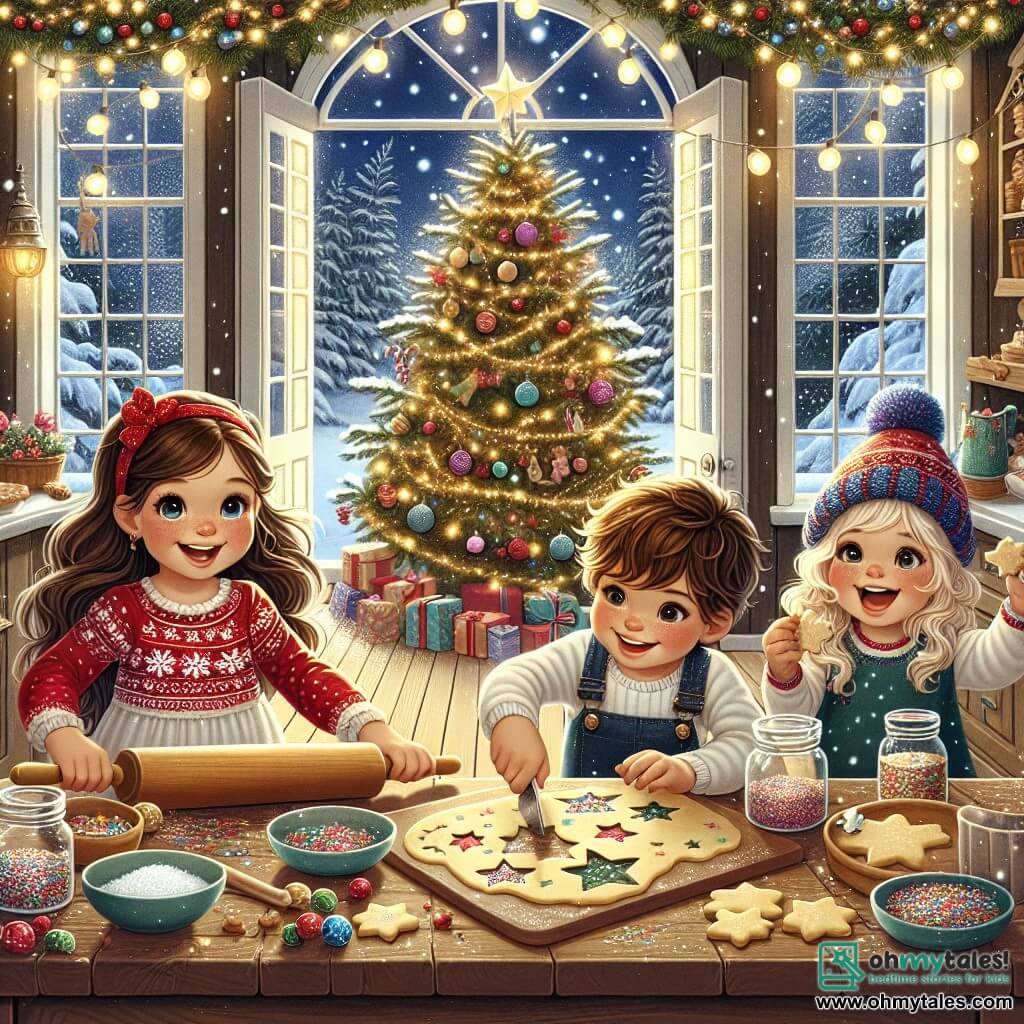 An illustration depicts a magical Christmas scene inside a warm and welcoming home. The walls are adorned with sparkling fairy lights, and a large Christmas tree stands in a corner, decorated with colorful baubles and shining stars. In the center of the room, three young children gather around a wooden table covered with cookie dough and sweet decorations. 

There are two three-year-old girls: one with long brown hair, wearing a red dress with snowflake patterns, smiles joyfully while holding a rolling pin. The other girl has blonde hair and wears a pretty blue dress, sprinkling colorful glitter on a star-shaped cookie. A three-year-old boy, with brown hair and a blue pom-pom hat, enjoys cutting shapes from the dough with a tree-shaped cookie cutter.

The scene captures the Christmas spirit: the children laugh and share joyful moments, surrounded by the delicious smell of baked cookies. Snowflakes gently fall outside the window, adding a magical touch to the cozy atmosphere. Plates of decorated cookies are ready to be shared, symbolizing the love and generosity of the season.