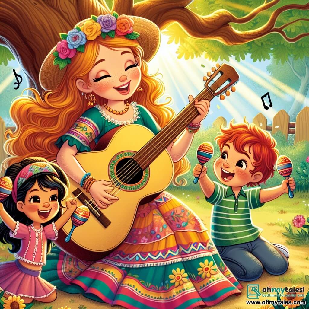 Une illustration sous forme de dessin destinée aux enfants représentant un jardin ensoleillé avec un grand chêne, où une jeune femme aux cheveux longs et dorés, vêtue d'une robe colorée, joue de la guitare tout en chantant joyeusement, entourée de deux enfants : un garçon aux cheveux bruns et ébouriffés qui secoue des maracas avec enthousiasme, et une petite fille aux pigtails qui agite un tambourin, tous trois riant et s'amusant ensemble dans une ambiance festive, illustrant le thème de la musique et de l'amitié.