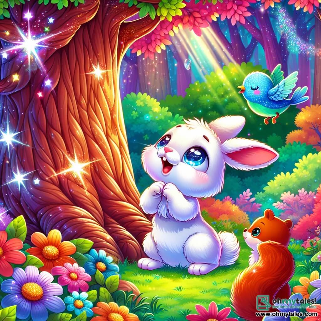 Une illustration sous forme de dessin destinée aux enfants représentant un jardin magique aux couleurs éclatantes, avec un petit lapin à la fourrure blanche et aux yeux bleus pétillants, écoutant attentivement le tronc d'un grand arbre aux feuilles scintillantes, tandis qu'un petit oiseau bleu s'envole joyeusement autour de lui, et un écureuil aux poils roux observe la scène avec curiosité, illustrant le moment où le lapin se prépare à entendre les secrets de l'arbre tout en étant prêt à aider ses amis dans leurs aventures.