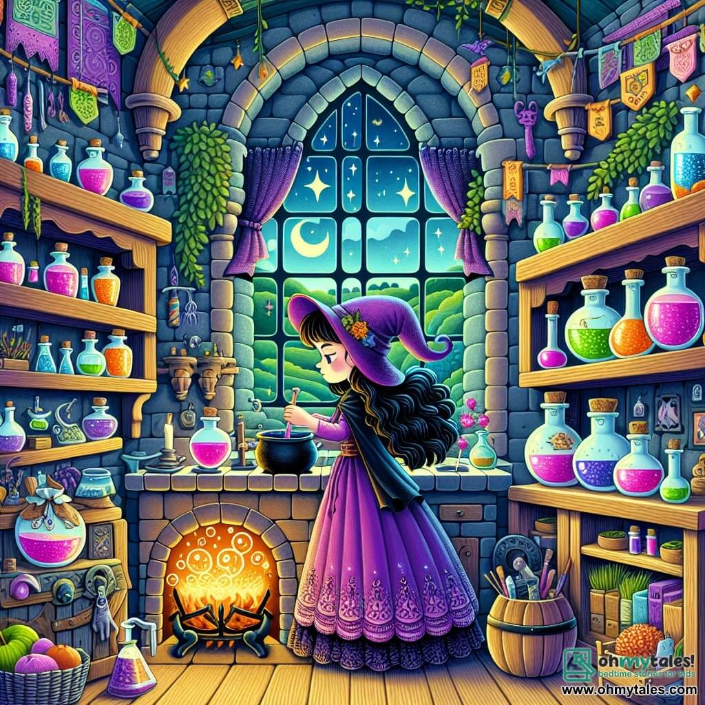 Une illustration destinée aux enfants représentant une jeune sorcière aux cheveux noirs comme la nuit, vêtue d'une robe violette éclatante, qui découvre une mystérieuse potion dans la cuisine de sa grand-mère, tandis que des étagères remplies de fioles colorées et de plantes magiques créent une atmosphère enchanteresse dans la pièce, située au cœur d'un château magique entouré de collines verdoyantes, où les cours de sorcellerie se déroulent parmi des chaudrons bouillonnants et des étagères remplies d'ingrédients magiques.