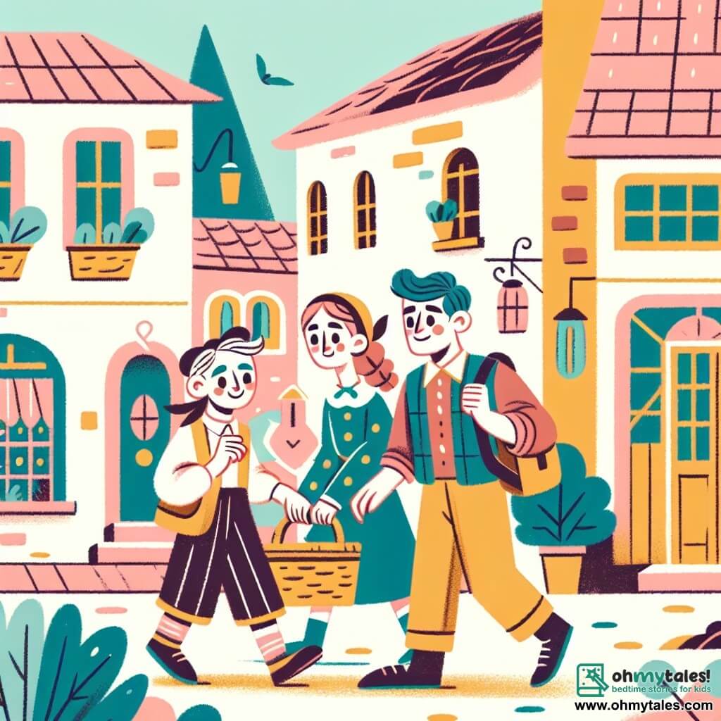 Une illustration destinée aux enfants représentant une fillette déterminée à poursuivre son rêve d'artiste, soutenue par ses parents aimants, dans une charmante petite ville aux rues pavées et maisons colorées.