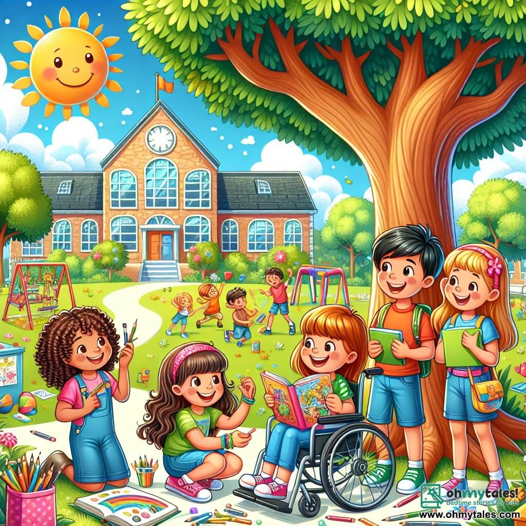 The illustration depicts a vibrant scene in a sunny schoolyard, surrounded by tall trees with green leaves and a light blue sky dotted with fluffy white clouds. In the center, four nine-year-old children are gathered under a large oak tree, their favorite tree. 

There is a smiling girl with curly brown hair in a wheelchair, holding an illustrated book. Next to her, a girl with long brown hair, dressed in a colorful dress, is drawing in a notebook with crayons. Another girl, with short blonde hair, is wearing a striped t-shirt and laughing joyfully while holding colorful bracelets. Finally, a boy with black curly hair, dressed in shorts and a t-shirt, is animatedly gesturing as he tells a story.

The main scene shows the children sharing ideas for a summer project, surrounded by art supplies and books, with bursts of laughter and bright smiles. In the background, playground equipment and colorful flowers add a touch of magic to this scene of friendship and creativity.